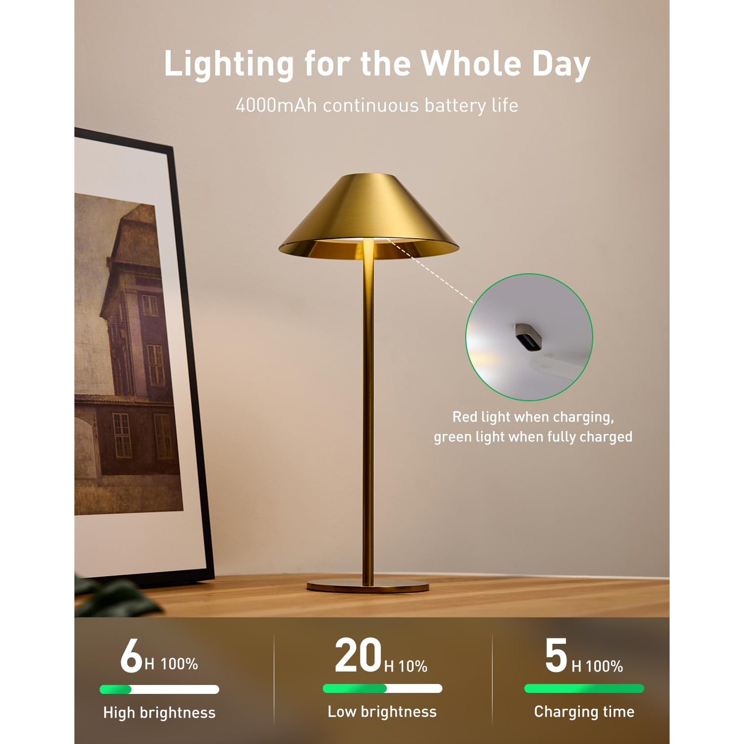 Lampe de table sans fil dorée, lampe tactile rechargeable avec gradation à 3 couleurs pour la chambre à coucher/le salon