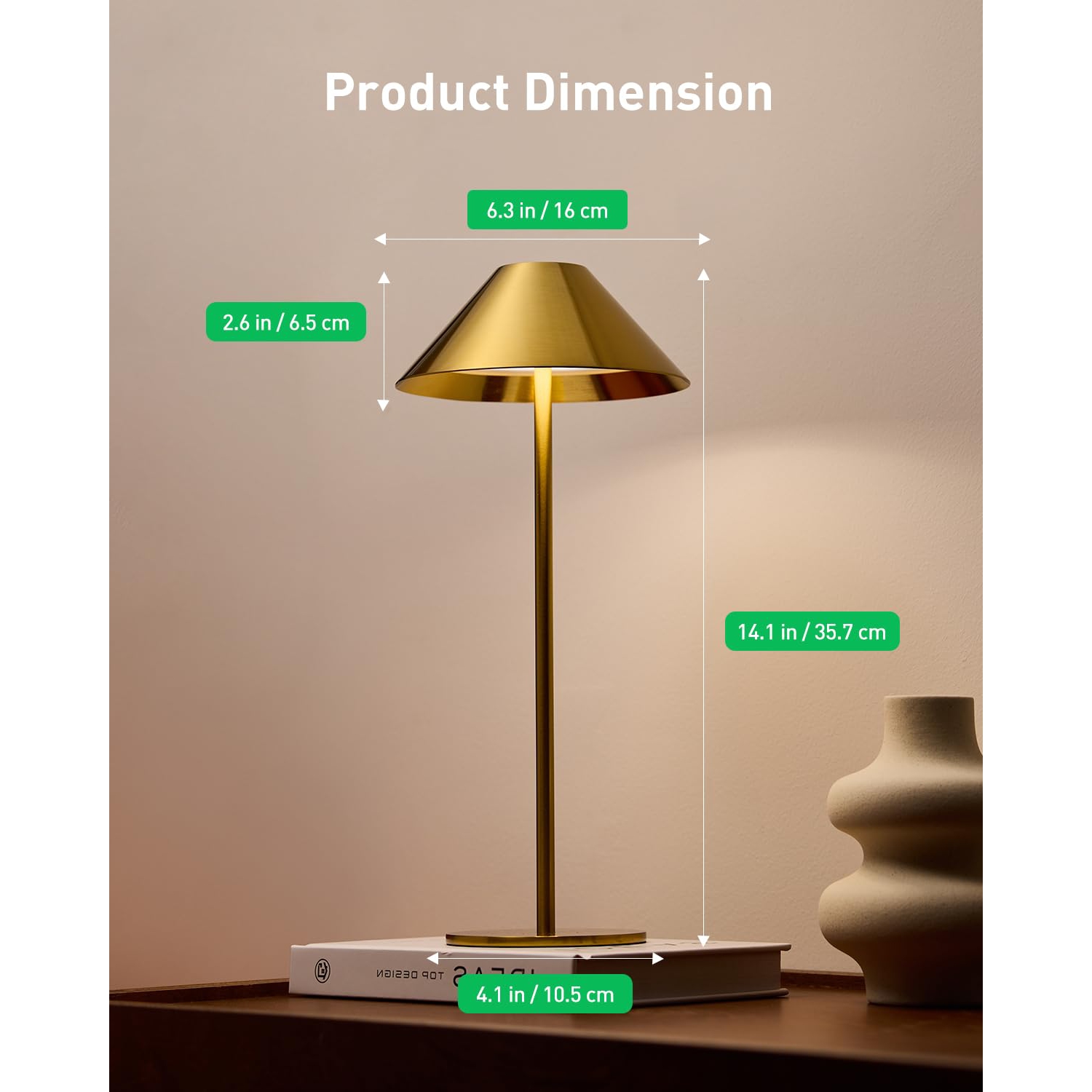 Lampe de table sans fil dorée, lampe tactile rechargeable avec gradation à 3 couleurs pour la chambre à coucher/le salon
