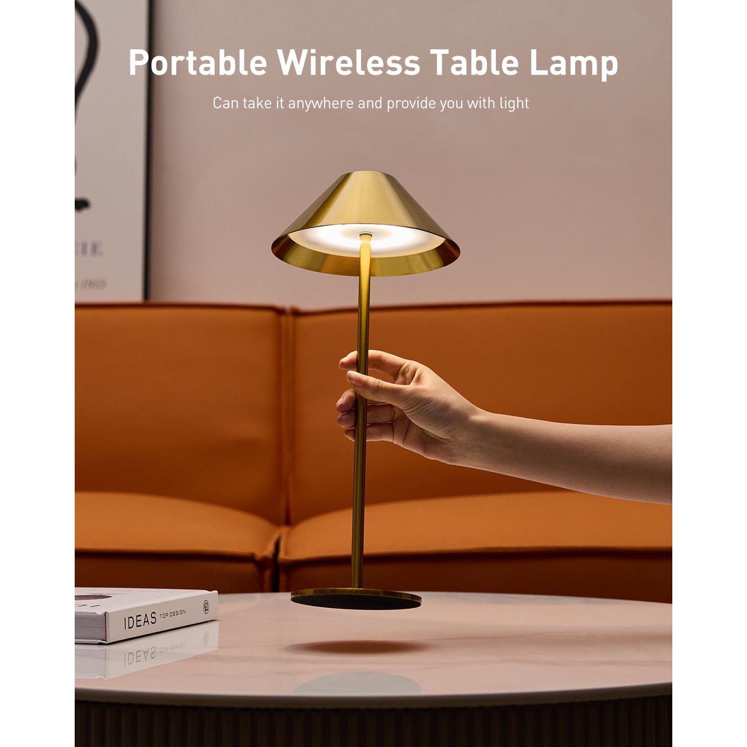 Lampe de table sans fil dorée, lampe tactile rechargeable avec gradation à 3 couleurs pour la chambre à coucher/le salon