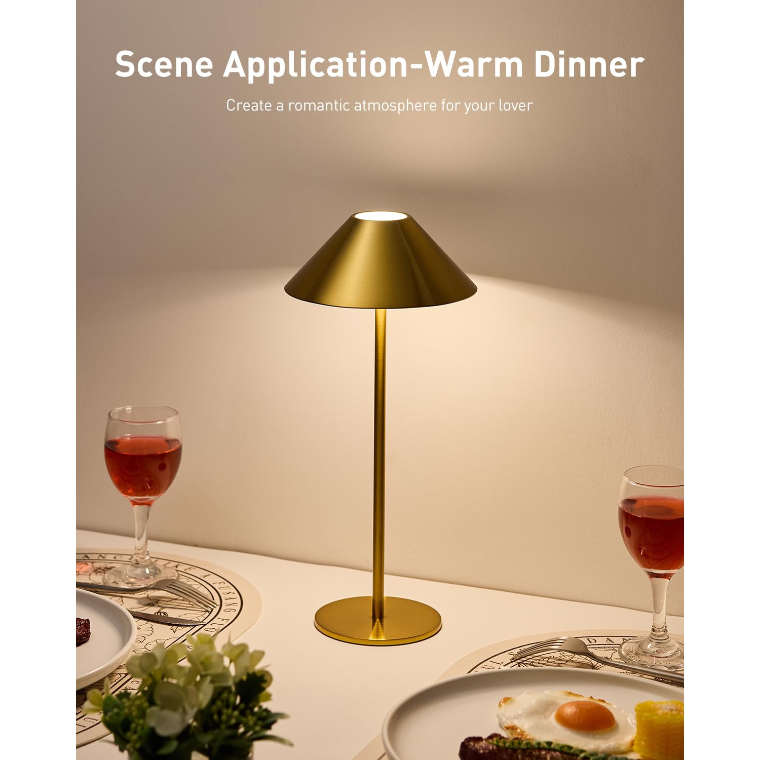 Lampe de table sans fil dorée, lampe tactile rechargeable avec gradation à 3 couleurs pour la chambre à coucher/le salon