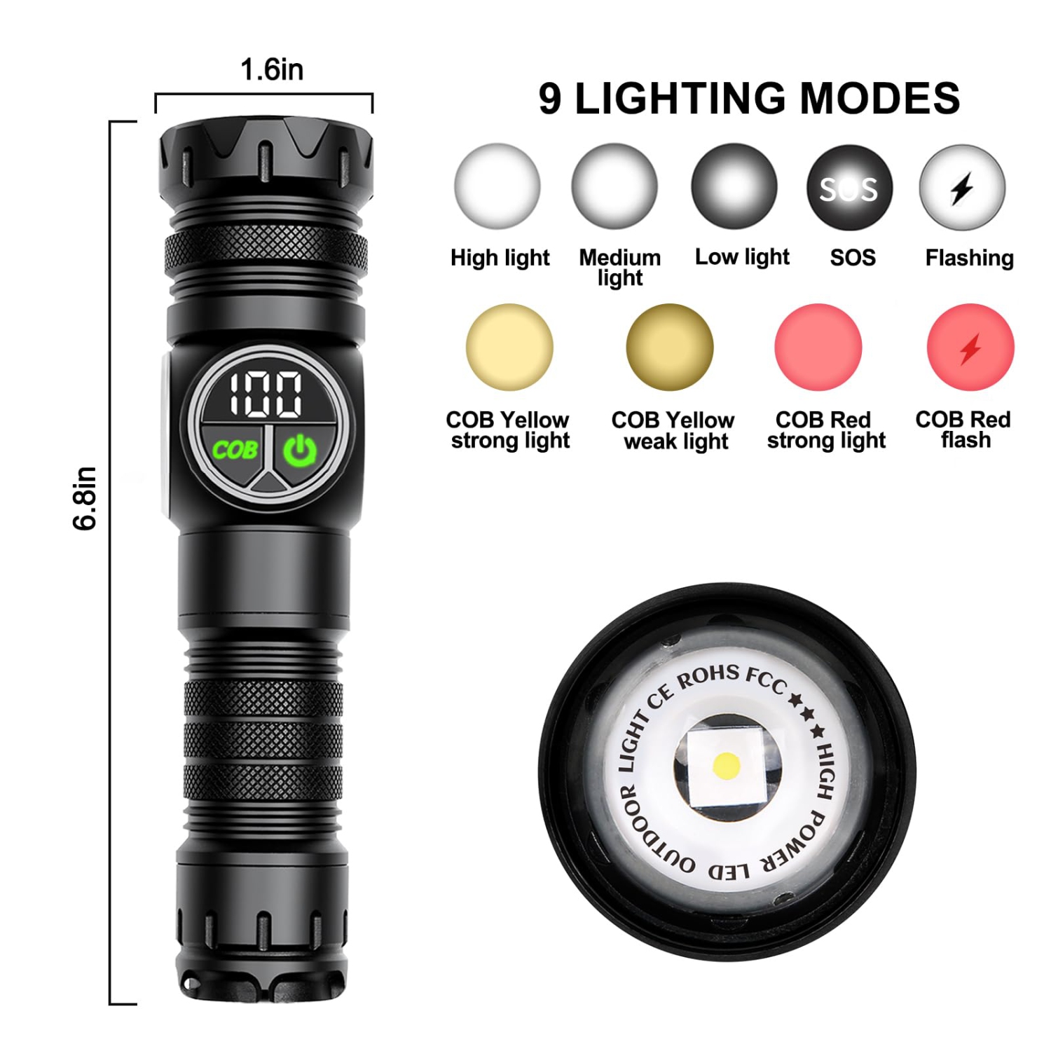 Flashlights High Lumens, Rechargeable Flashlights with COB Sidelight, Magnetic Flash Light of Digital Power Display