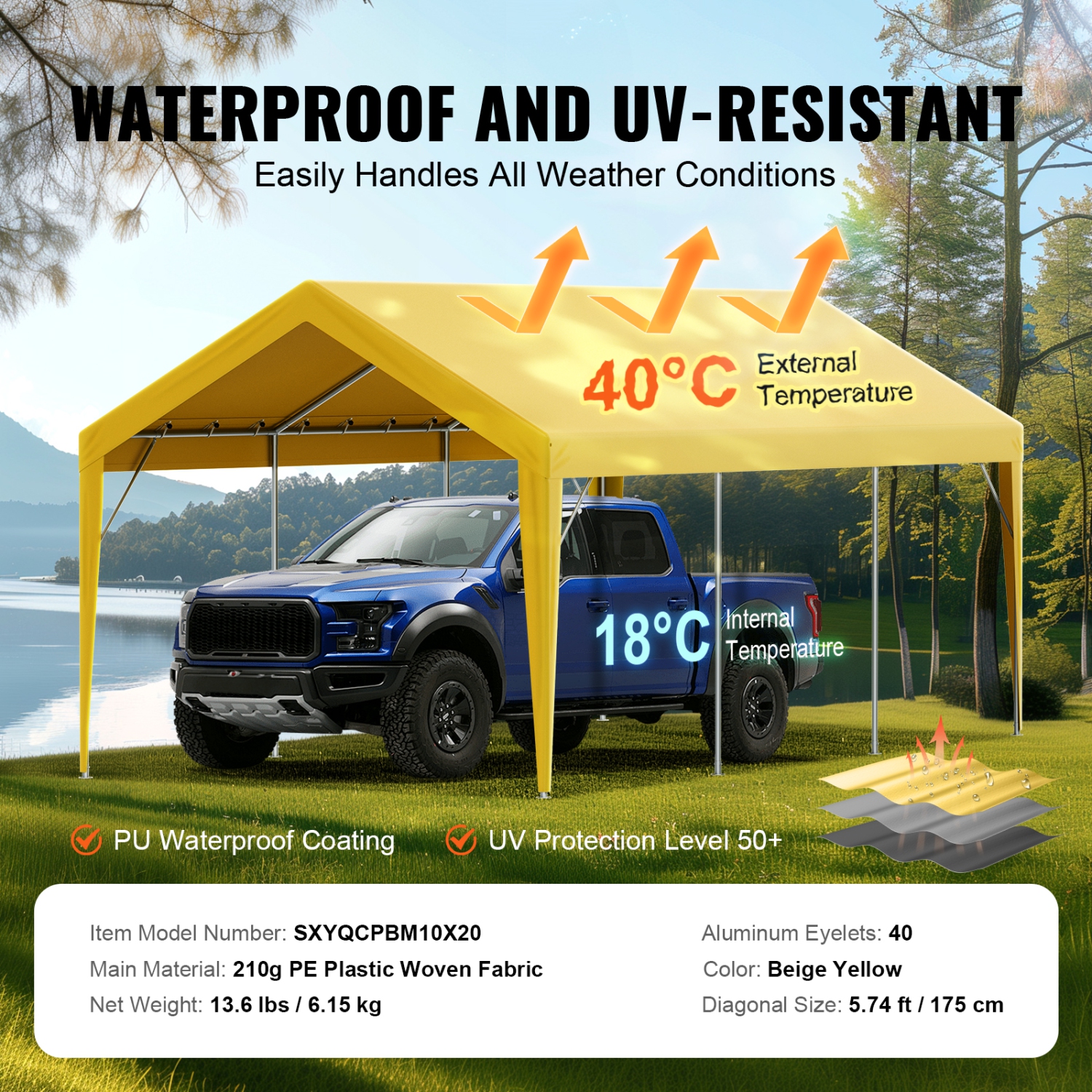 VEVOR 10 x 20 ft Carport Replacement Canopy Cover, Garage Top Tent Shelter Tarp Heavy-Duty Waterproof & UV Protected, with Ball Bungees,Beige