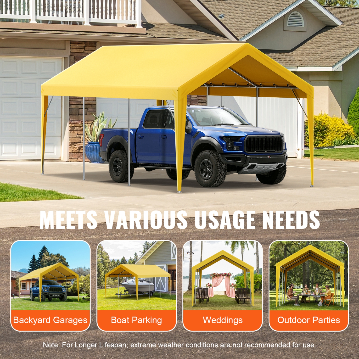 VEVOR 10 x 20 ft Carport Replacement Canopy Cover, Garage Top Tent Shelter Tarp Heavy-Duty Waterproof & UV Protected, with Ball Bungees,Beige