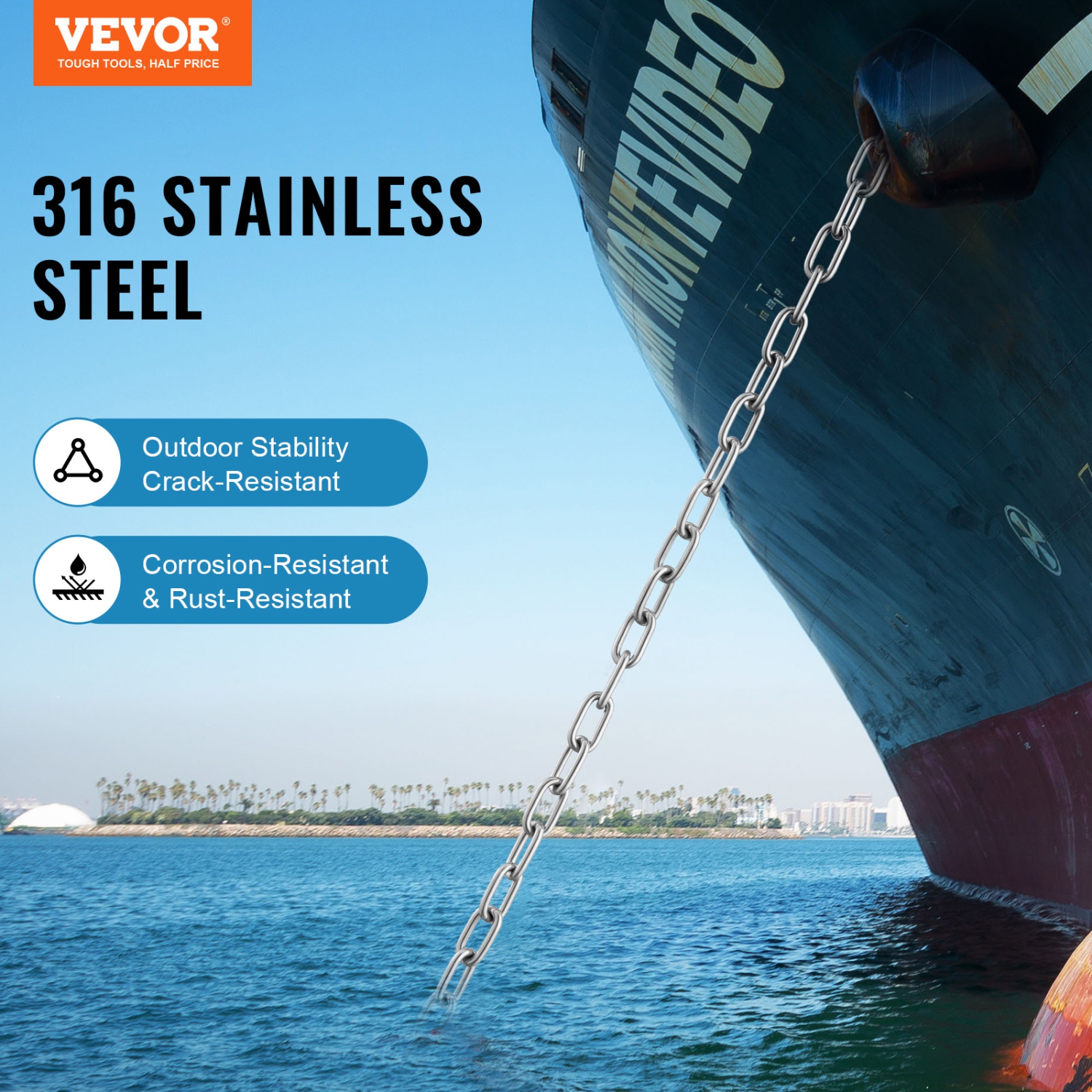 VEVOR 1/4"x4' Boat Anchor Chain, 1700 lbs. WLL/4800 lbs. BS, 316 Stainless Steel Marine Grade Anchor Lead Chain with Dual Lock Ring Shackles for