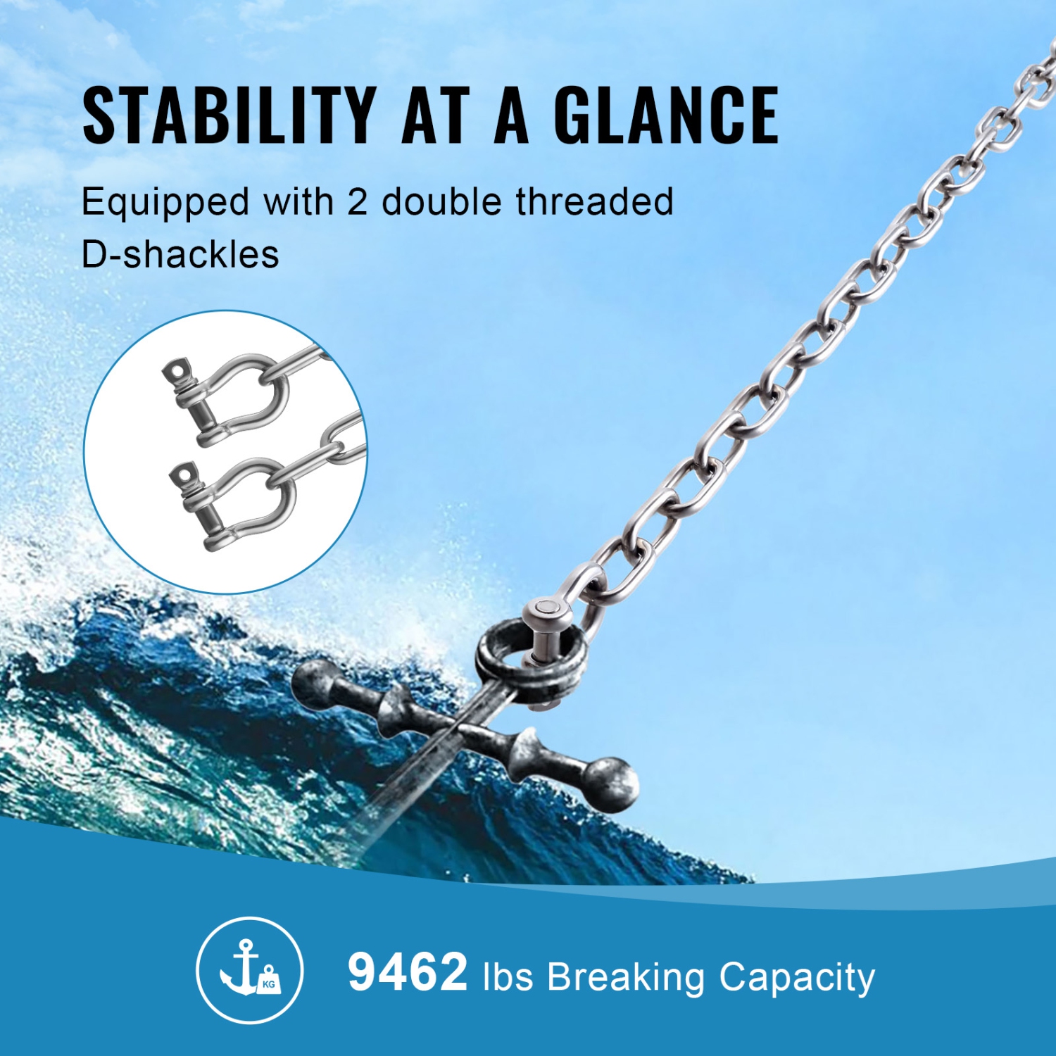 VEVOR 1/4"x4' Boat Anchor Chain, 1700 lbs. WLL/4800 lbs. BS, 316 Stainless Steel Marine Grade Anchor Lead Chain with Dual Lock Ring Shackles for