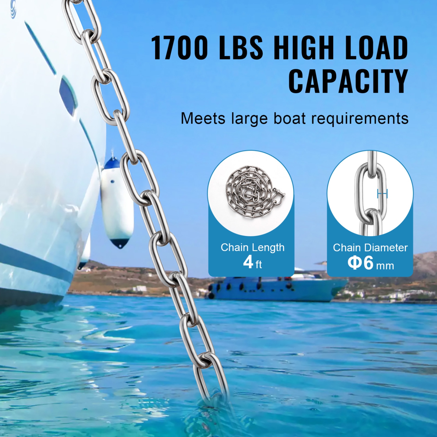 VEVOR 1/4"x4' Boat Anchor Chain, 1700 lbs. WLL/4800 lbs. BS, 316 Stainless Steel Marine Grade Anchor Lead Chain with Dual Lock Ring Shackles for