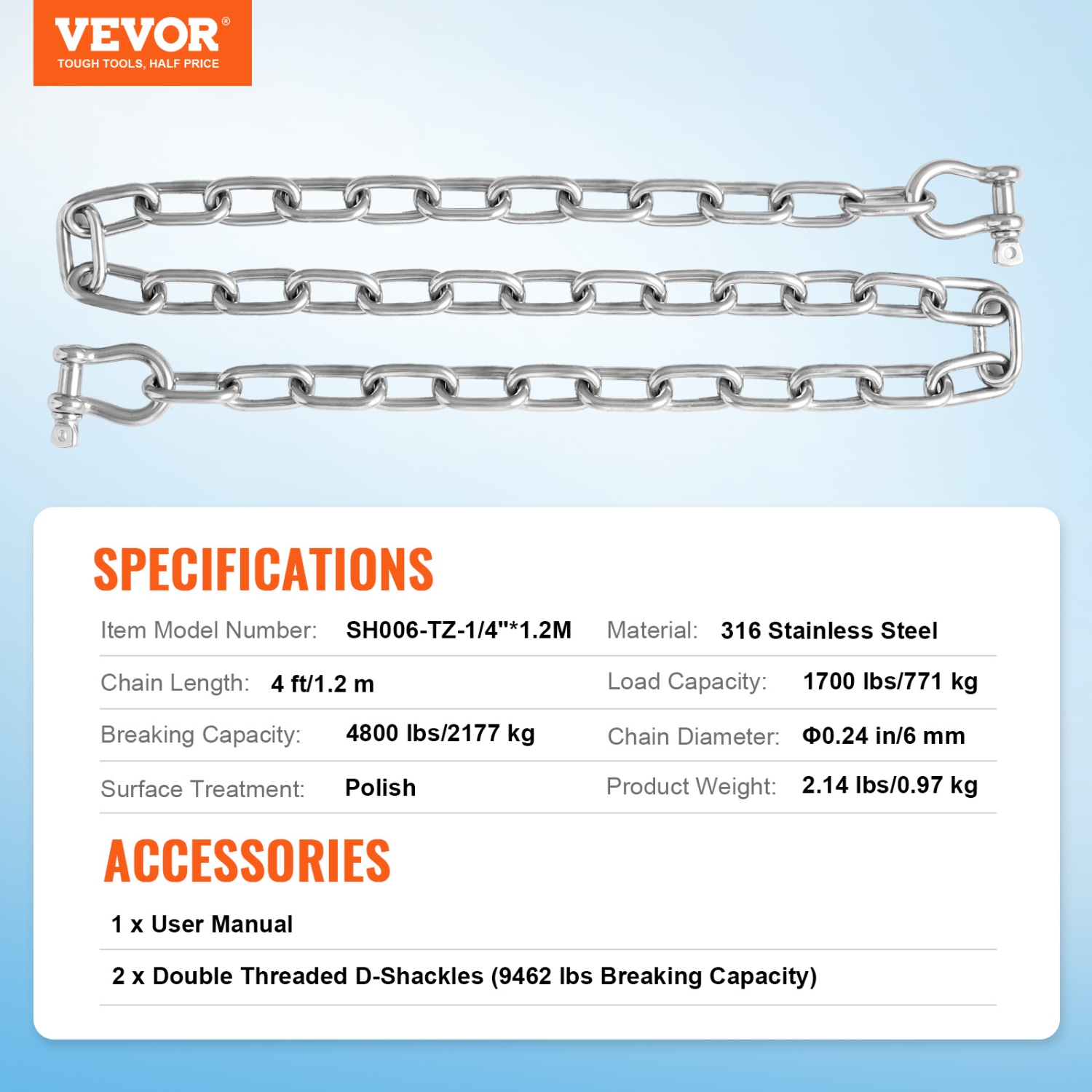 VEVOR 1/4"x4' Boat Anchor Chain, 1700 lbs. WLL/4800 lbs. BS, 316 Stainless Steel Marine Grade Anchor Lead Chain with Dual Lock Ring Shackles for