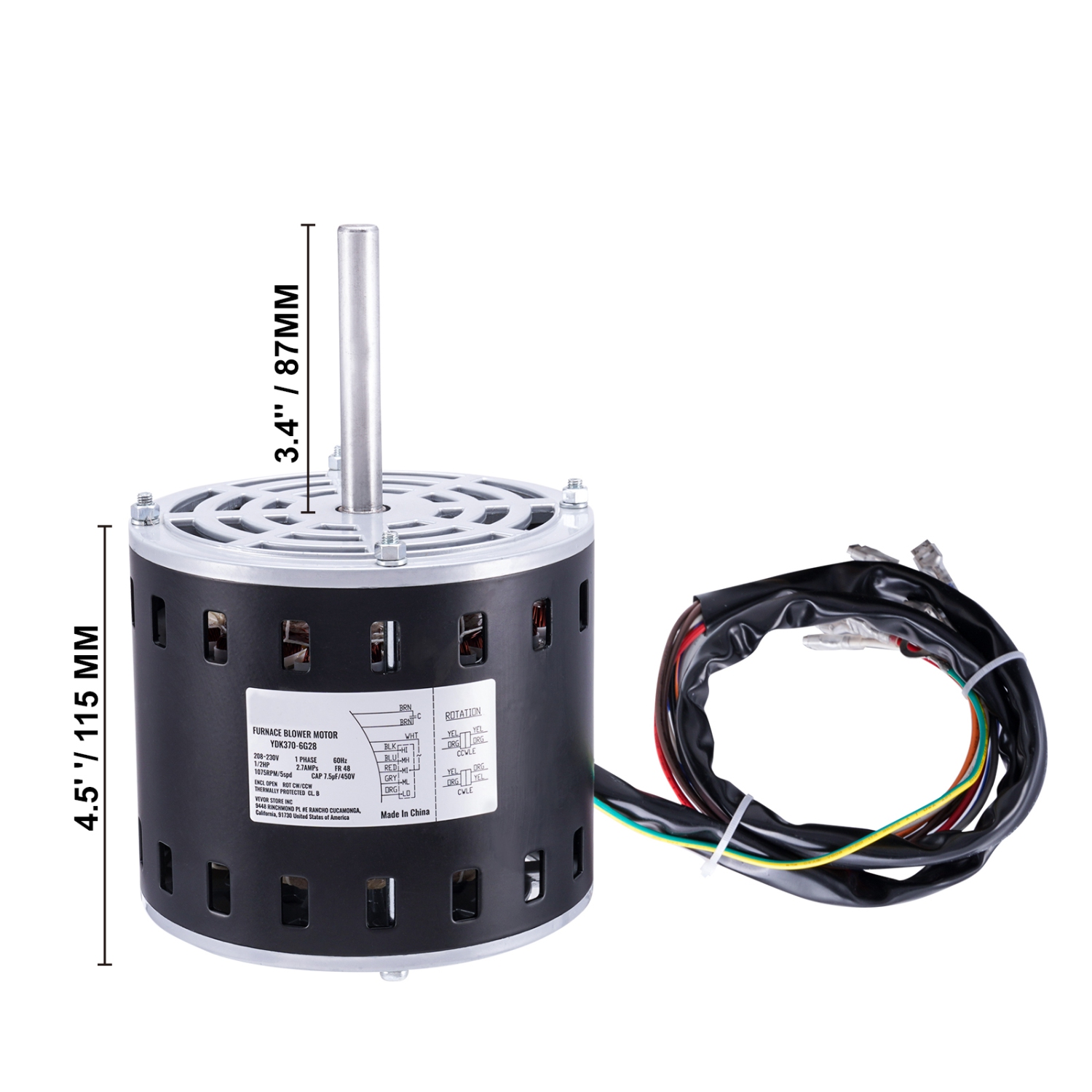 Moteur de soufflante de fournaise VEVOR 1/2 HP, 208/230 V 2,7 A, 5 vitesses 1075&nbsp;tr/min, rotation CW/CCW, arbre de 3,4&nbsp;po de longueur à