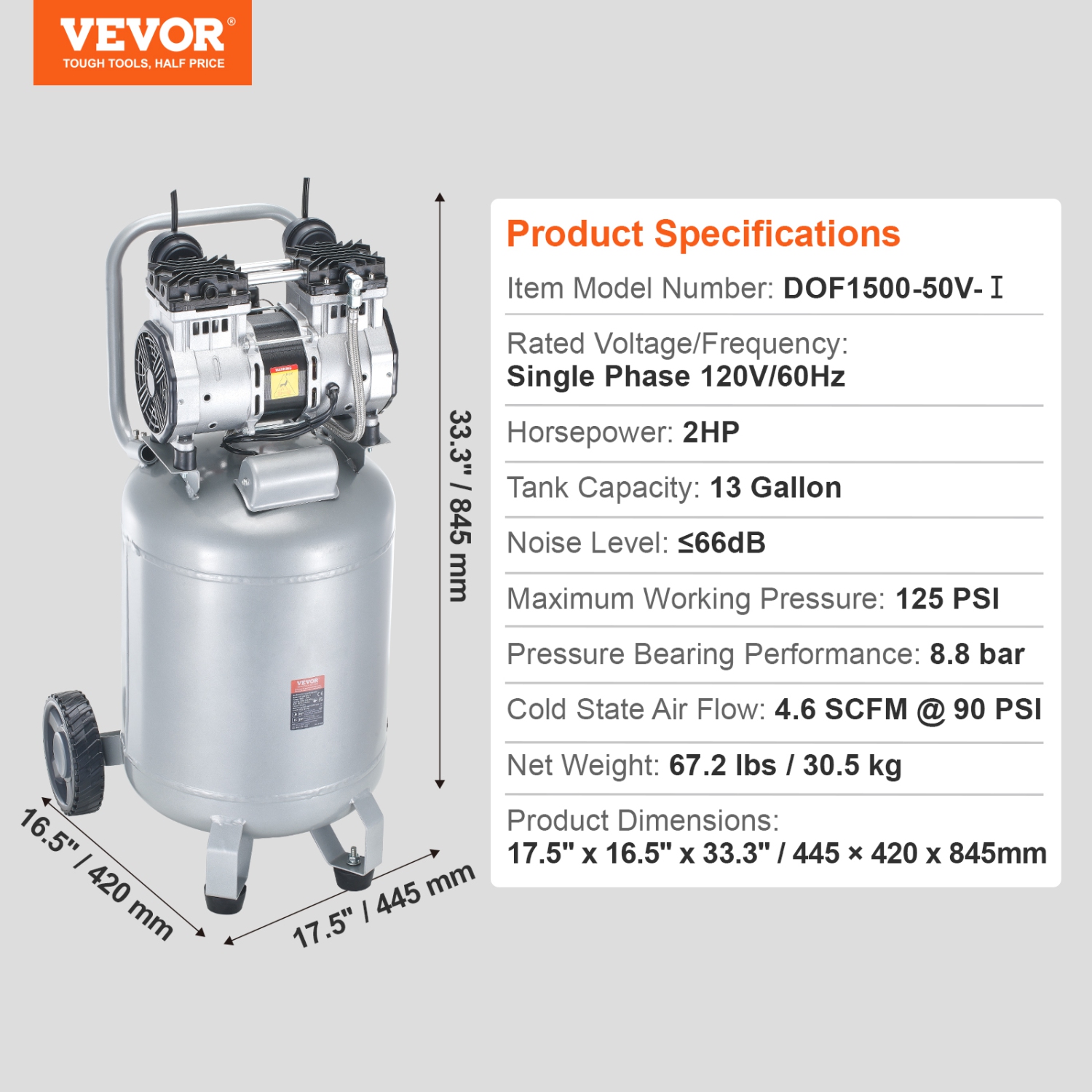 VEVOR 13 Gallon Air Compressor, 2HP 4.6 SCFM@90PSI Oil Free Tank, 66dB Ultra-Quiet Compressor for Tire Inflation,Auto Repair,Woodwork Nailing, Spray