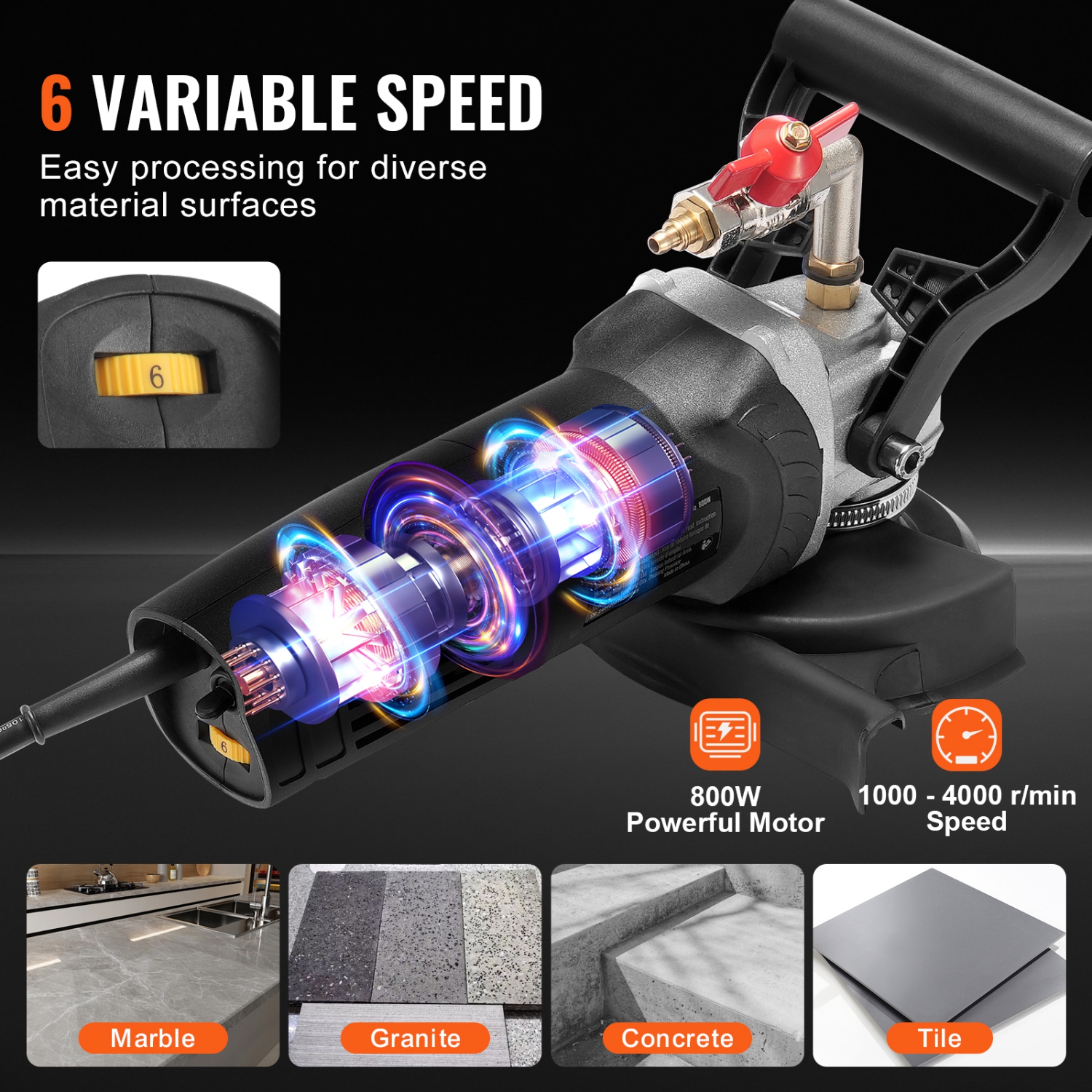 VEVOR 800W Wet Polisher, 4" Concrete Grinder with 6 Speed and 7 Polishing Kits,Grinder Machine for Marble, Granite, Stone, Rock, Tile, Equipped with
