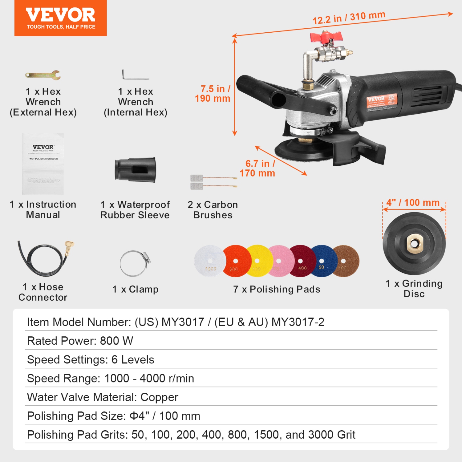 VEVOR 800W Wet Polisher, 4" Concrete Grinder with 6 Speed and 7 Polishing Kits,Grinder Machine for Marble, Granite, Stone, Rock, Tile, Equipped with