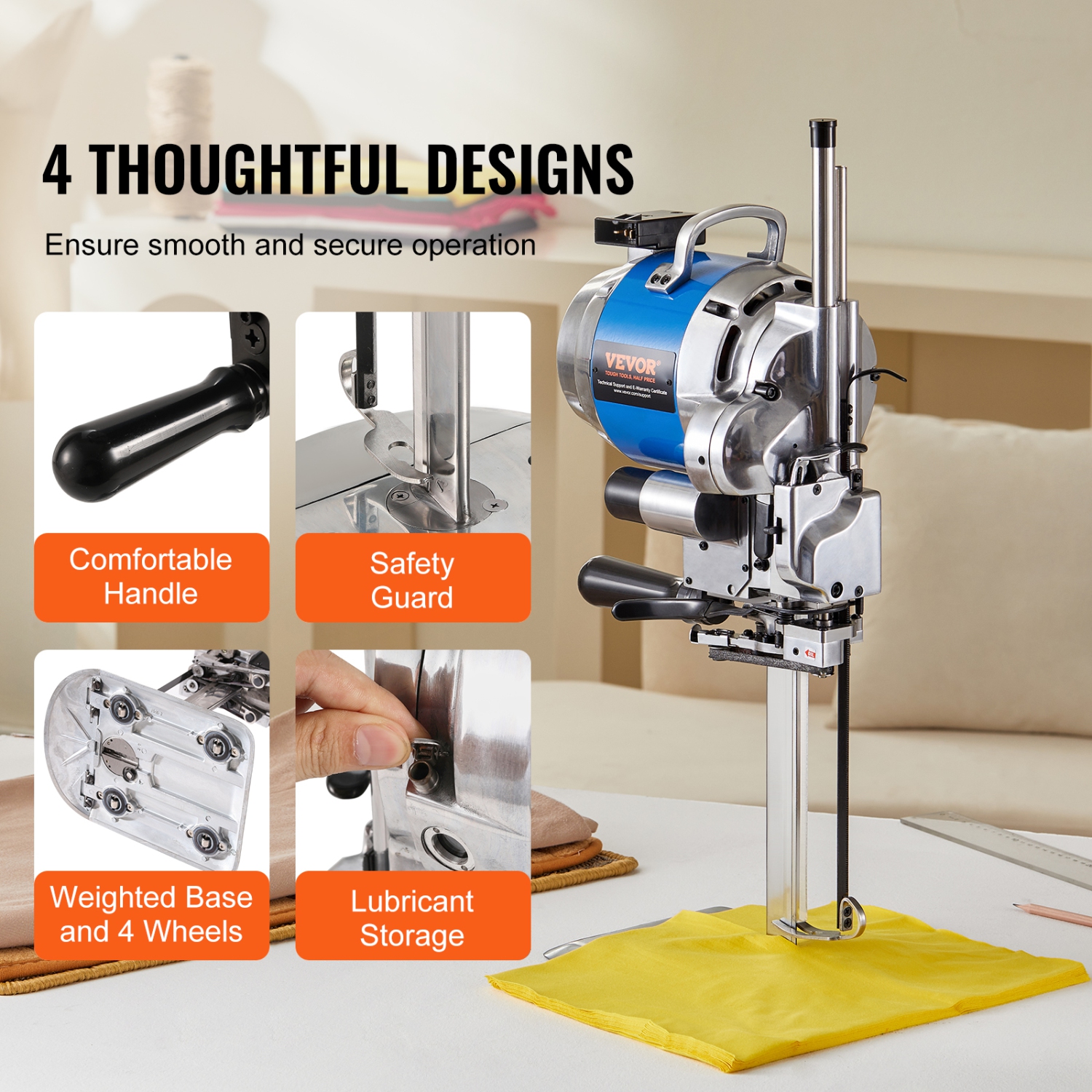 VEVOR 750W High-Speed Straight Knife Cloth Cutting Machine, 9.8" Alloy Steel Blade, Industrial Fabric Cutting Machine with Automatic Knife Sharpen,