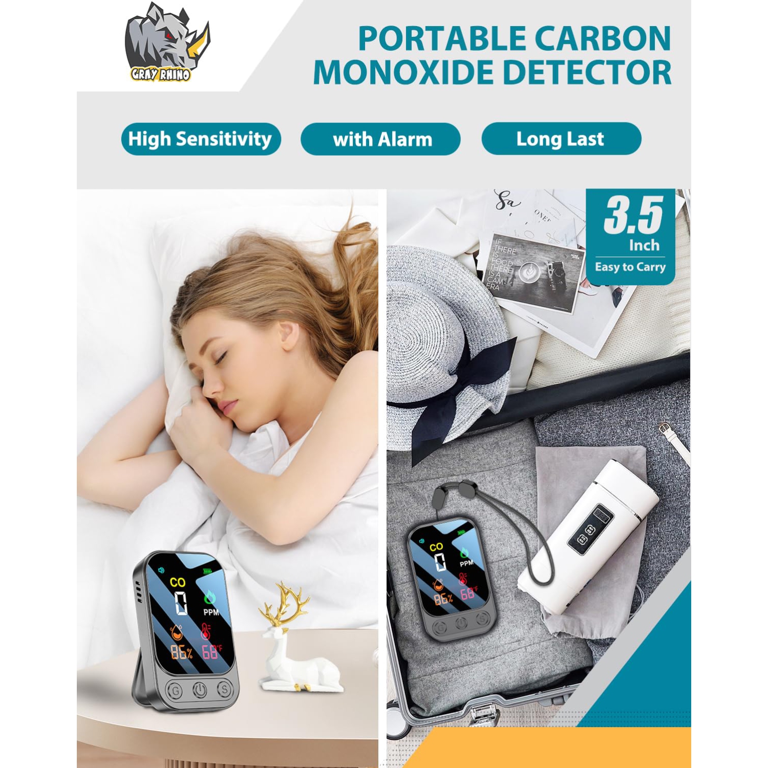 Détecteur de monoxyde de carbone, détecteur de CO 3 en 1 portatif avec détection d'humidité et de température pour VR de camping de voyage