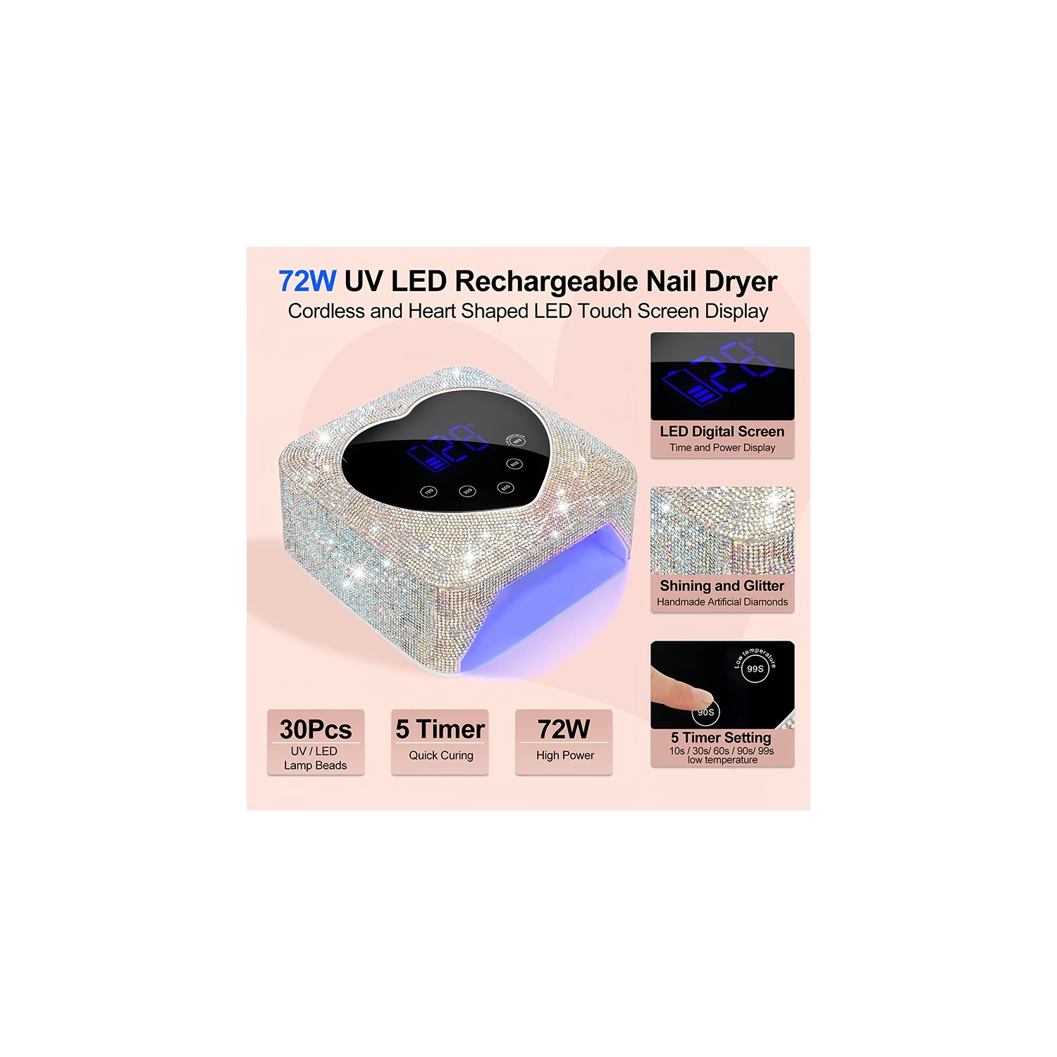 UV LED Nail Lamp , Rechargeable 72W Cordless UV Light for Nails With Rhinestone Heart Shaped Manicure Pedicure Machine Nail Tools