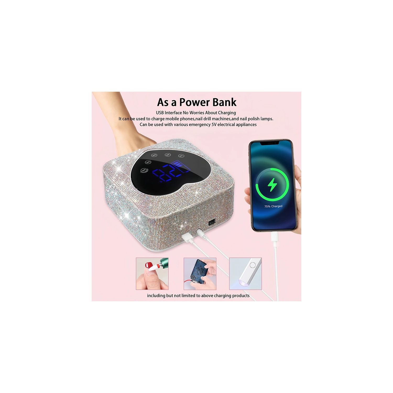 UV LED Nail Lamp , Rechargeable 72W Cordless UV Light for Nails With Rhinestone Heart Shaped Manicure Pedicure Machine Nail Tools