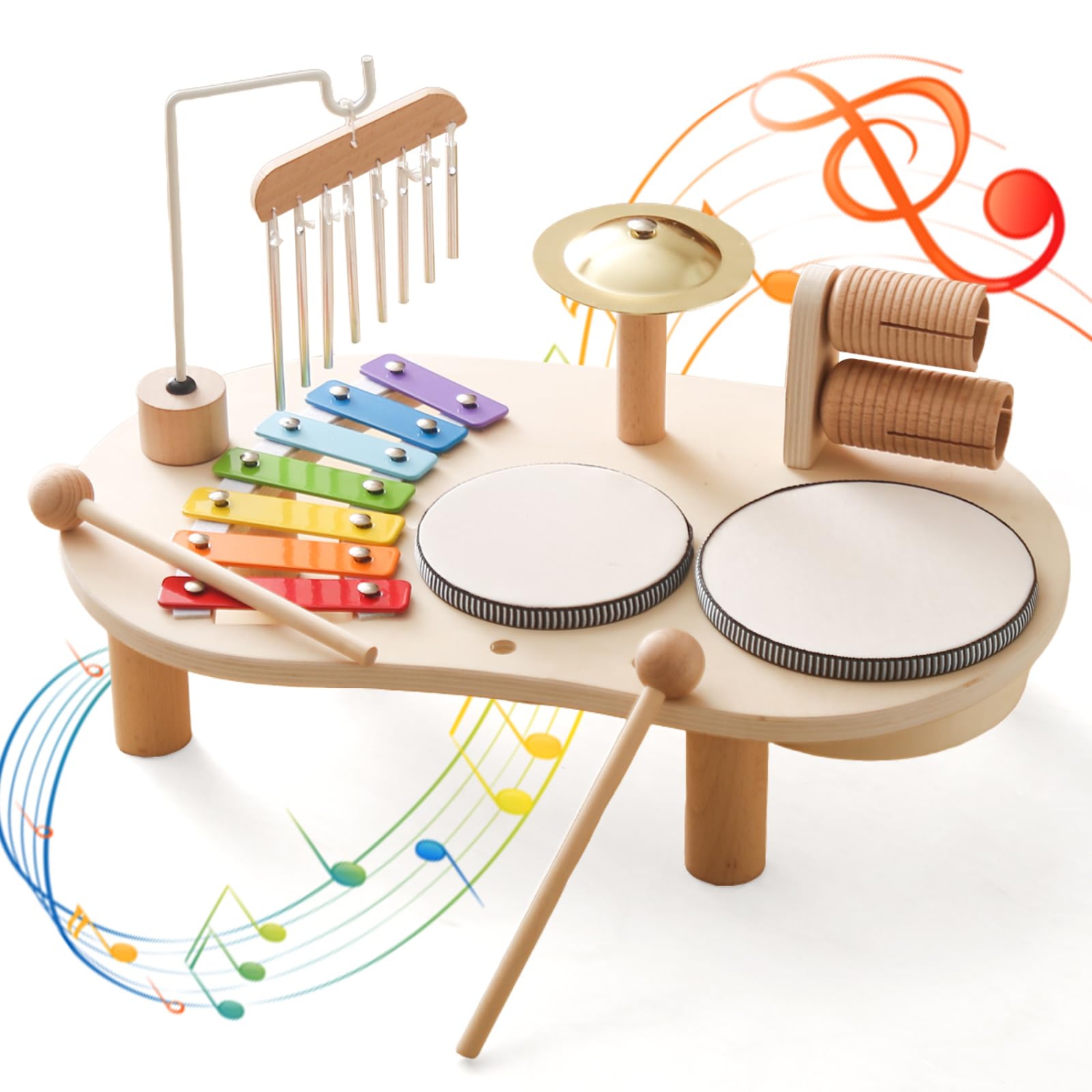 Boys and Girls Toy Musical Instruments, Wooden Percussion Drum Set, Montessori Preschool Education Musical Toys
