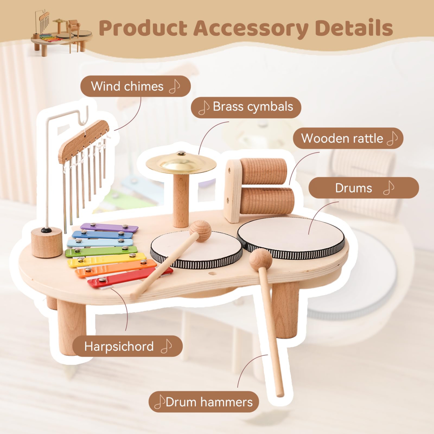 Boys and Girls Toy Musical Instruments, Wooden Percussion Drum Set, Montessori Preschool Education Musical Toys