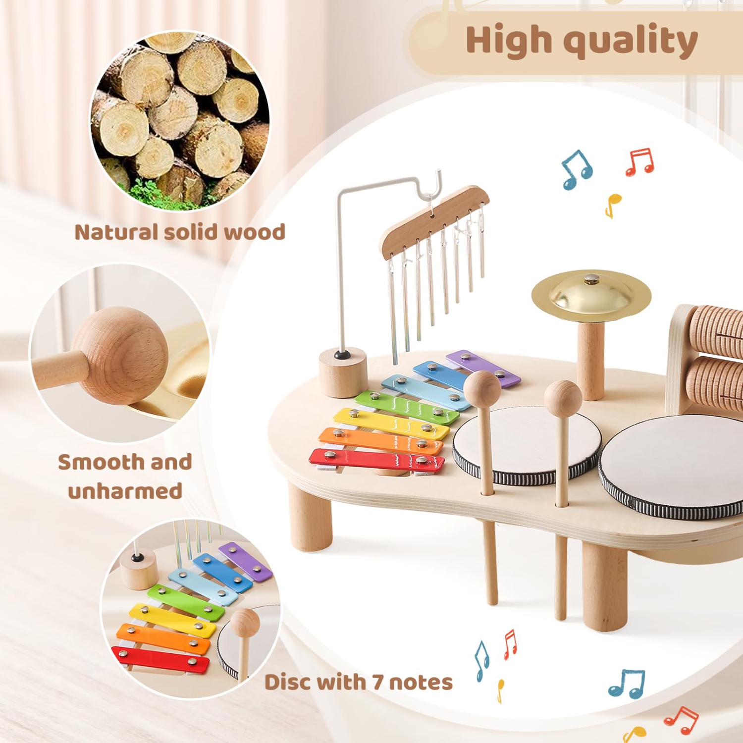 Boys and Girls Toy Musical Instruments, Wooden Percussion Drum Set, Montessori Preschool Education Musical Toys