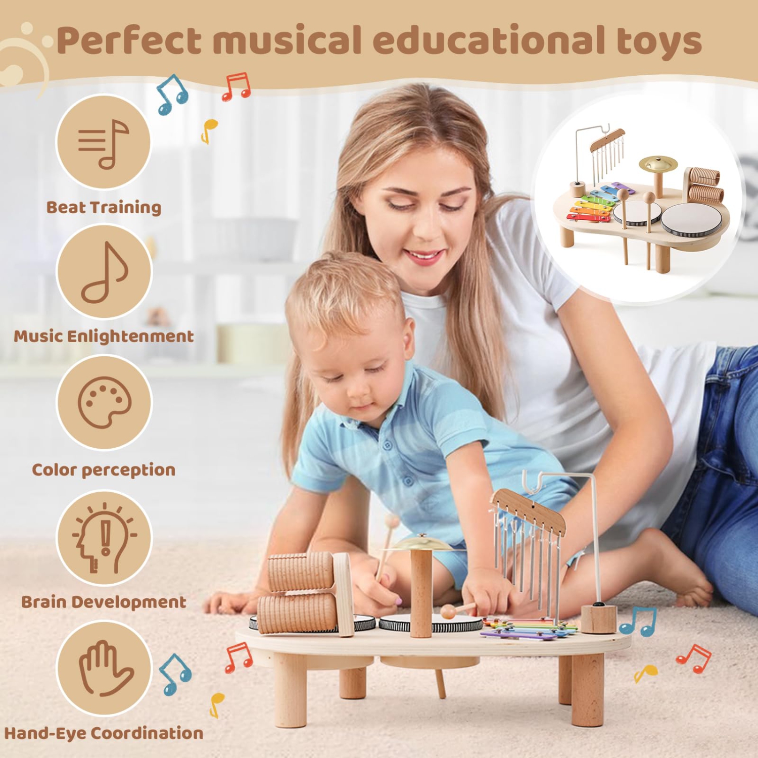 Boys and Girls Toy Musical Instruments, Wooden Percussion Drum Set, Montessori Preschool Education Musical Toys