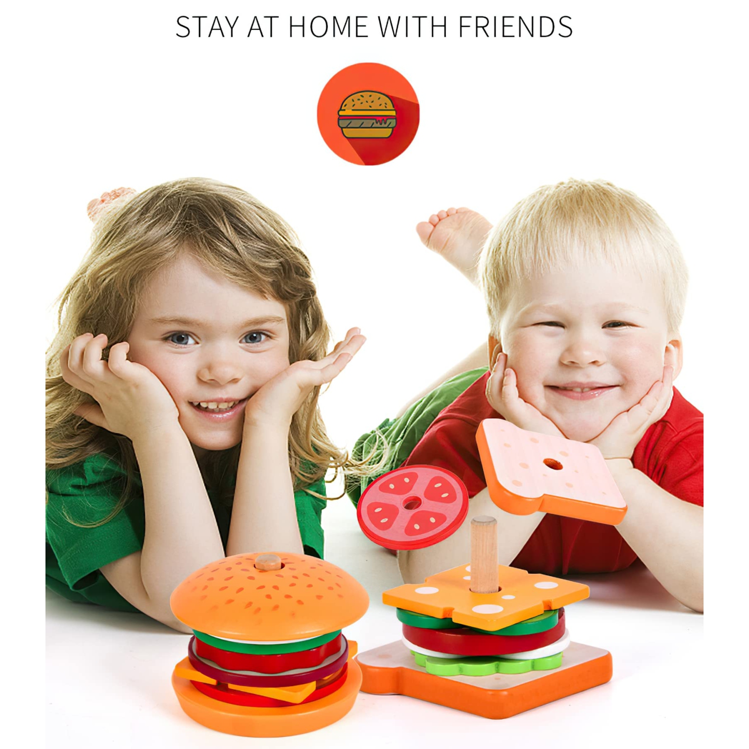 Wooden Burger Stacking Toy, Fake Food Toys for Boys and Girls, Montessori Toys for 3-Year-Olds, Educational Toys