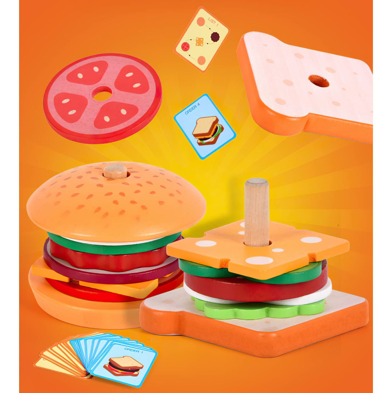 Wooden Burger Stacking Toy, Fake Food Toys for Boys and Girls, Montessori Toys for 3-Year-Olds, Educational Toys