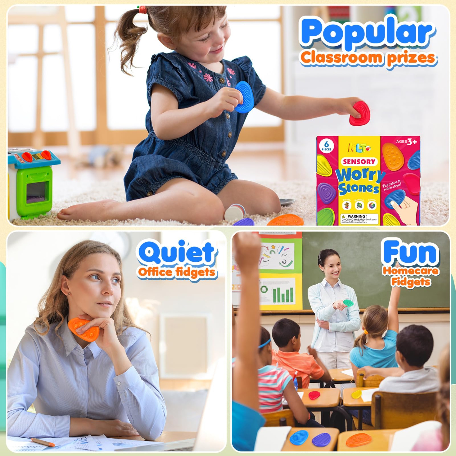 Fidget Toy Sensory Stones, 6-Pack Textured Soft Worry Stones for Boys and Girls with Autism, Calming, Anxiety Relief