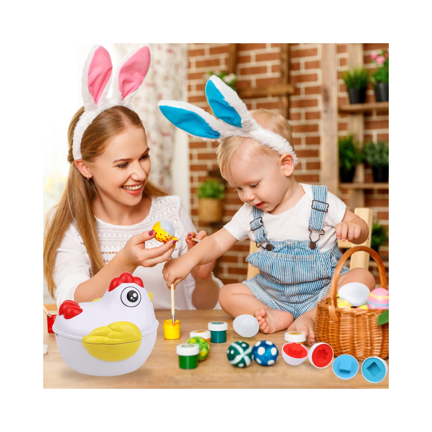 Jouet de Pâques en forme d'oeuf, panier de Pâques avec 12 oeufs assortis et une boîte de poules, jouet éducatif pour garçons et filles de 2 à 3 ans