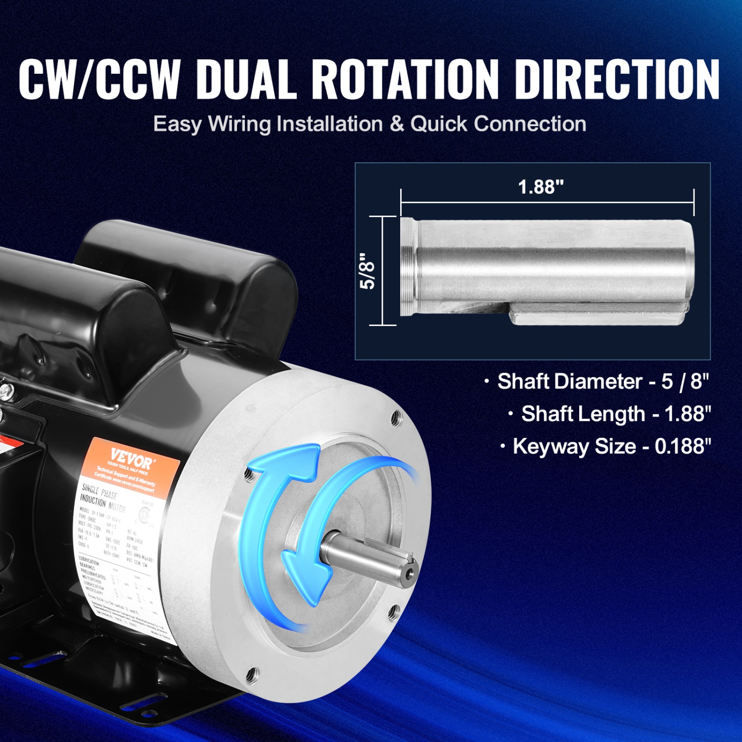 Moteur électrique VEVOR 1,5 HP 3450 tr/min, 115 V/230 V CA, châssis 56C, moteur monophasé du compresseur d'air, arbre à clé 5/8,