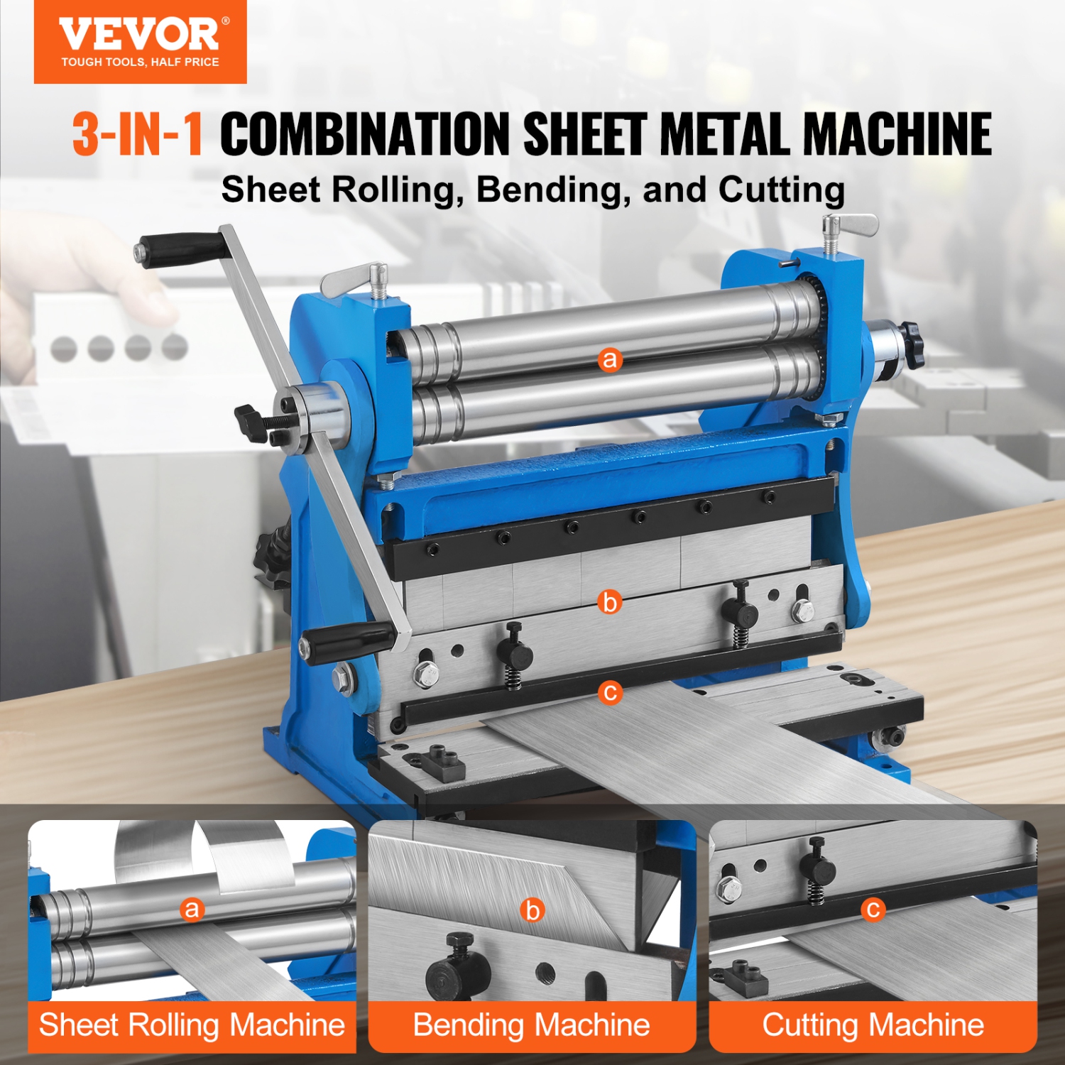 VEVOR 12-inch Sheet Metal Brake, 3-In-1 Combination Shear Brake Roll Machine, 20-Gauge Capacity Shear Press Brake with 90° Max Bending Angle, Shears