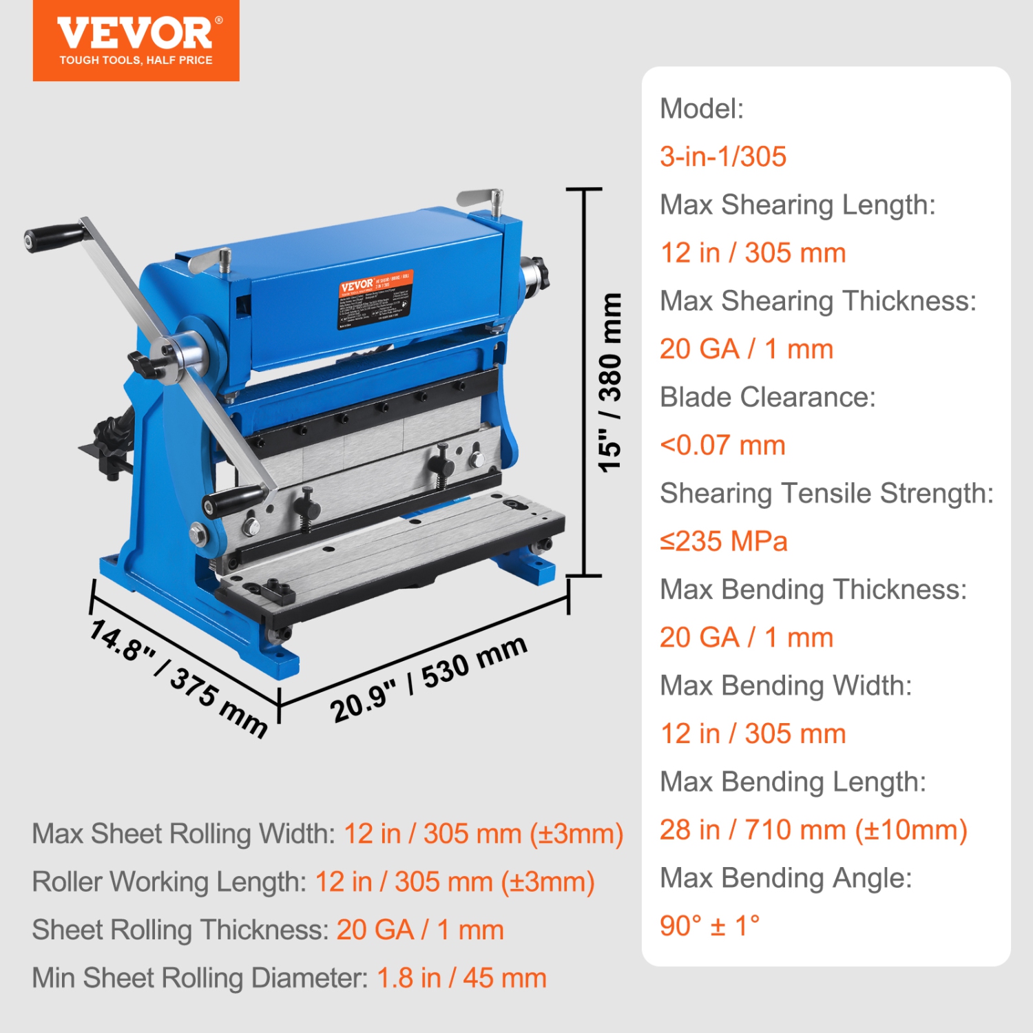 VEVOR 12-inch Sheet Metal Brake, 3-In-1 Combination Shear Brake Roll Machine, 20-Gauge Capacity Shear Press Brake with 90° Max Bending Angle, Shears