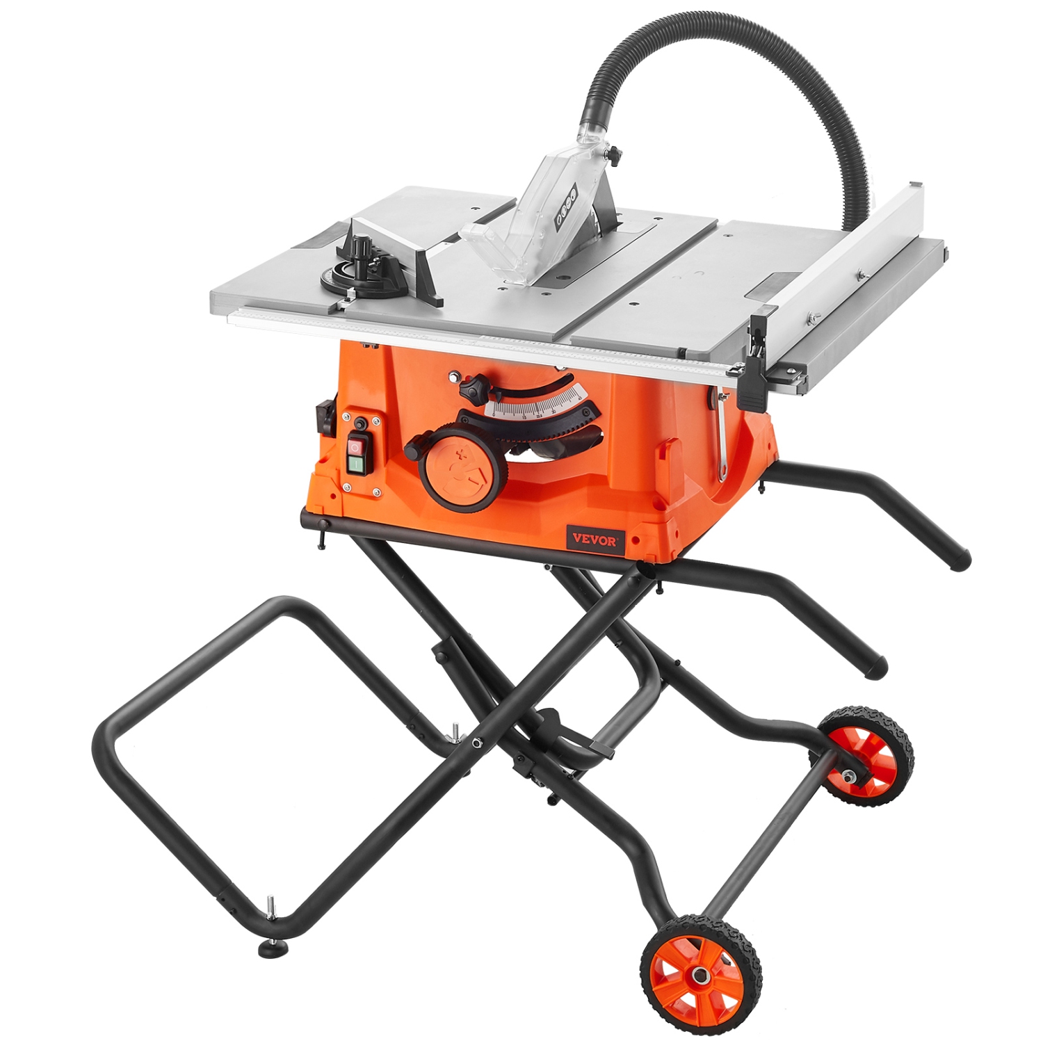VEVOR 10-inch Table Saw with Stand, 15-Amp, Max Rip 25-in, Speed to 5000RPM, 40T Blade, Compact Portable Jobsite Saw with Sliding Miter for Wood &