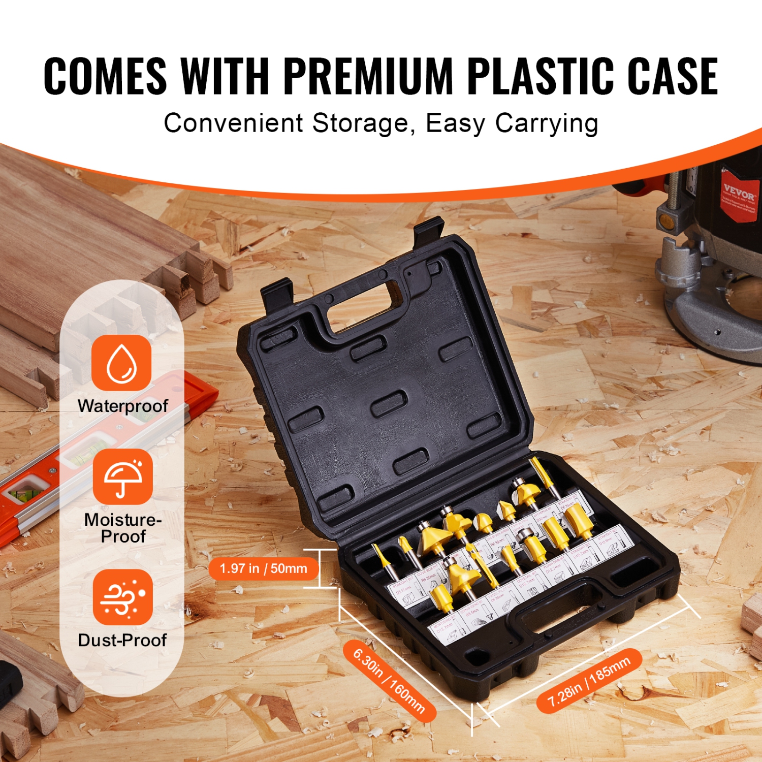 VEVOR 15 Pieces Router Bits Set, Carbide Router Bit Kit with 1/4 Inch Shank, Plastic Carrying Case, Woodworking Tools for Professional and Beginners