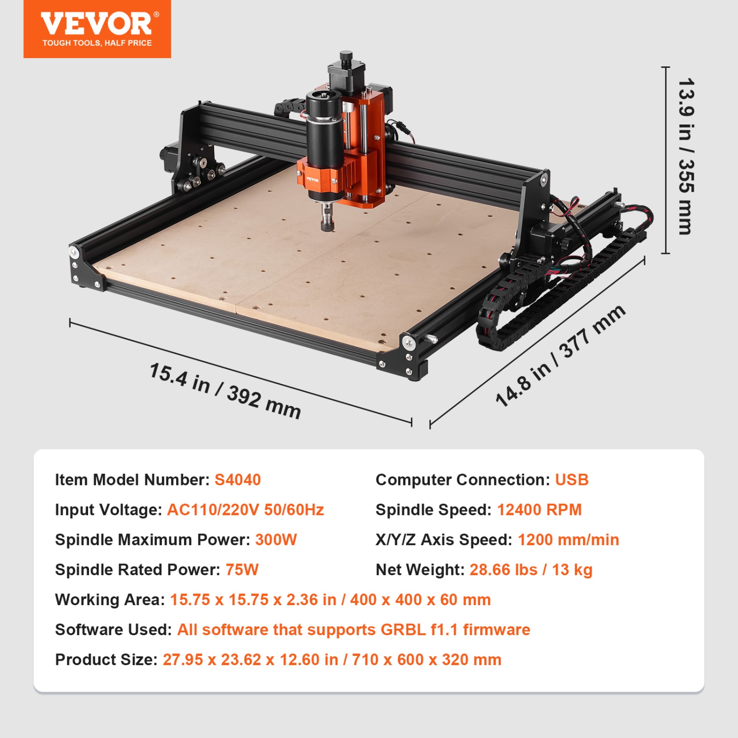 Machine à toupie VEVOR 300&nbsp;W CNC, ensemble de machine à graver en bois à commande GRBL à 3 axes, 15,75 x 15,75 x 2,36&nbsp;po / 400 x 400