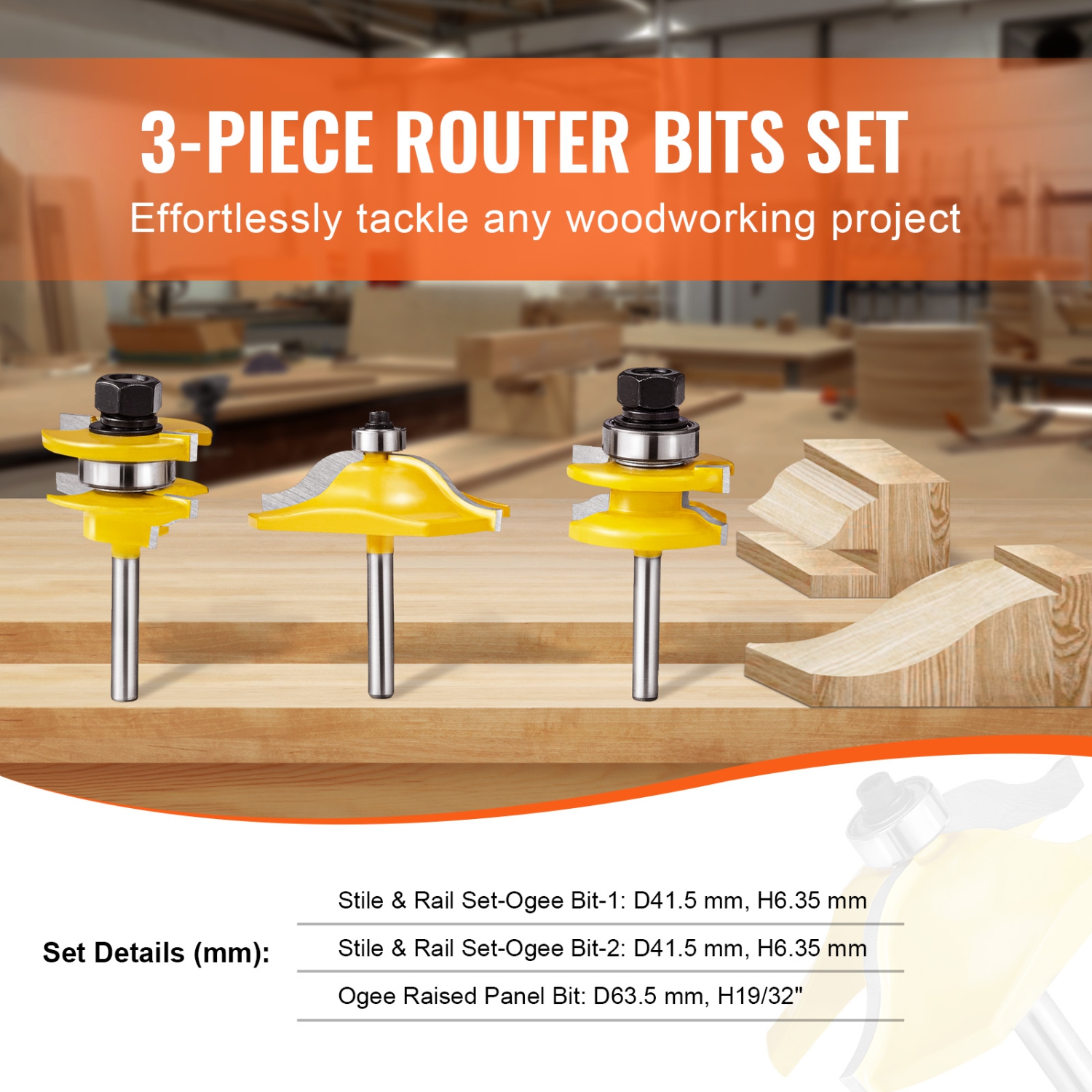 VEVOR 3 Pieces Router Bits Set, Carbide Router Bit Kit with 1/4 Inch Shank, Wood Carrying Case, Woodworking Tools for Professional and Beginners