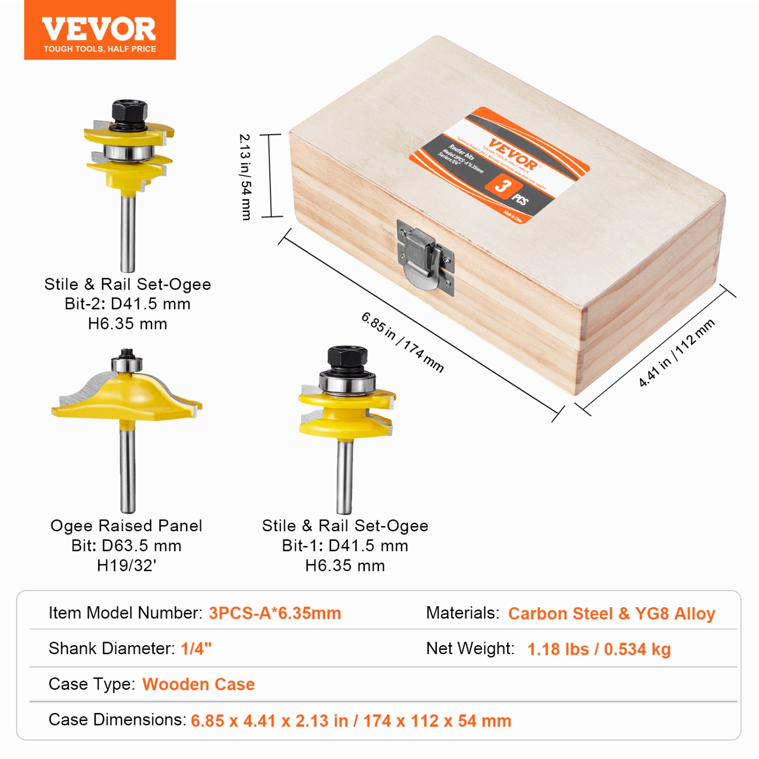 VEVOR 3 Pieces Router Bits Set, Carbide Router Bit Kit with 1/4 Inch Shank, Wood Carrying Case, Woodworking Tools for Professional and Beginners