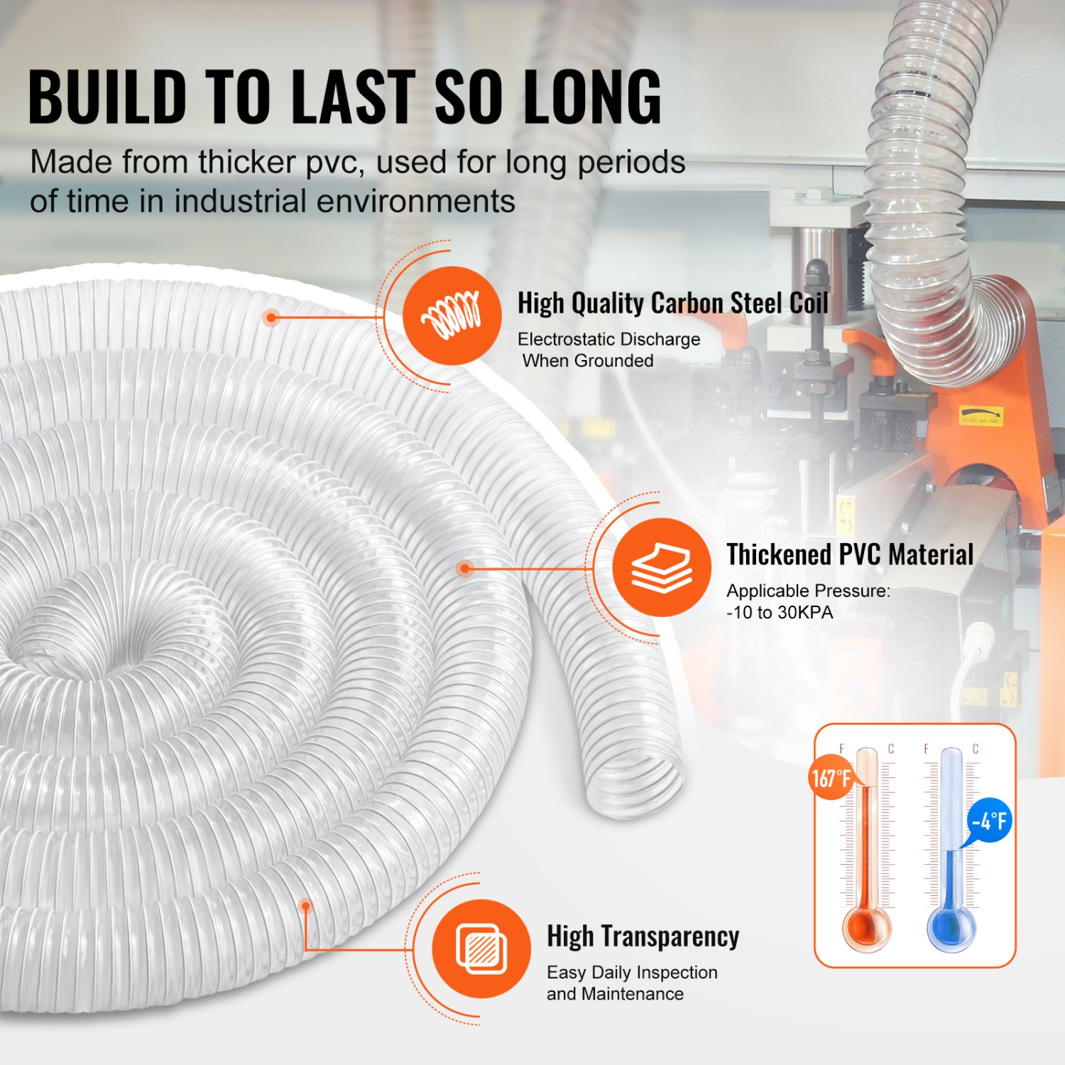 VEVOR 2.5'' x 20' Dust Collection Hose, Thickened PVC Material Puncture-Resistant Flexible Clear Hose with Carbon Steel Wire Coil 4 x 304 Stainless