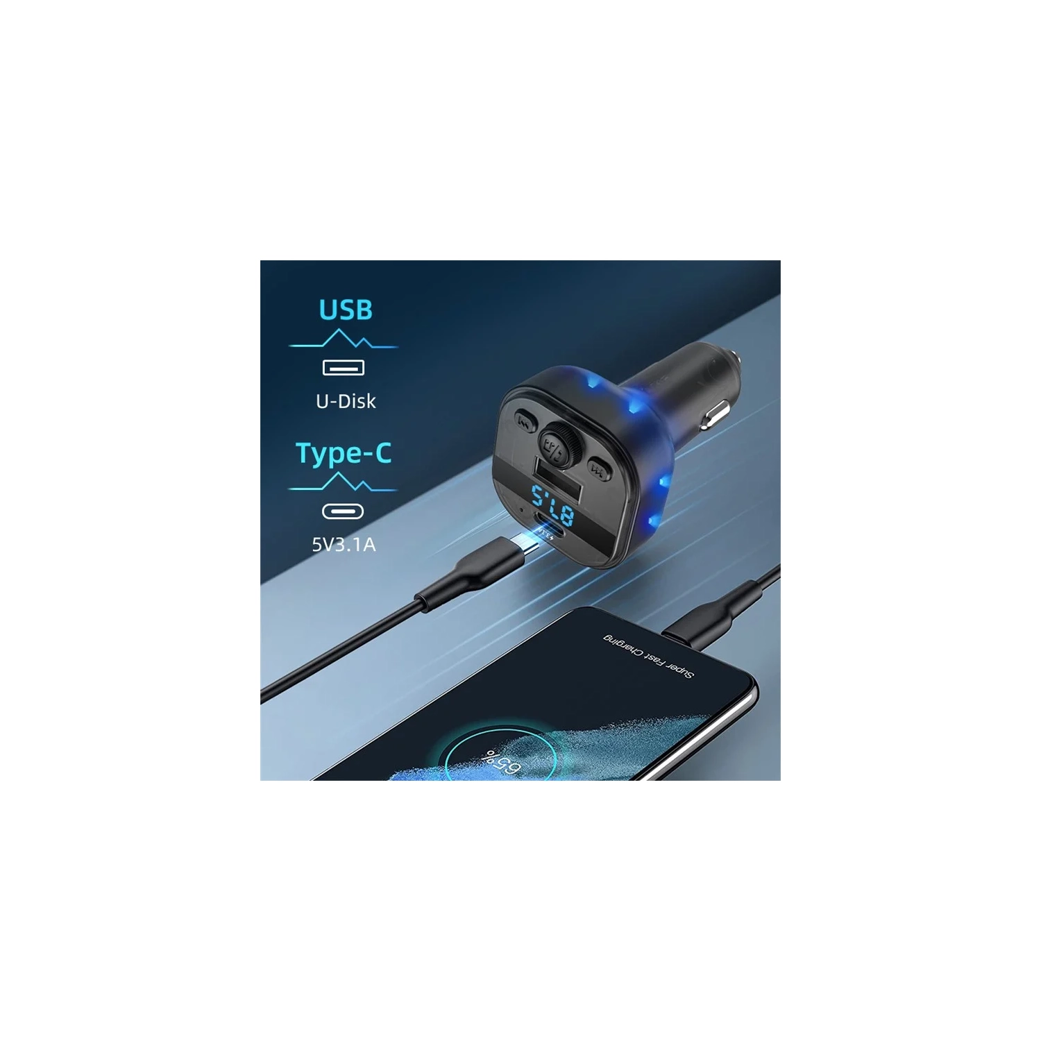 Multi-function Car MP3 Player Charger – Bluetooth 5.3, 15W QC Charging, LED Light, Memory Playback for 12V-24V Vehicles