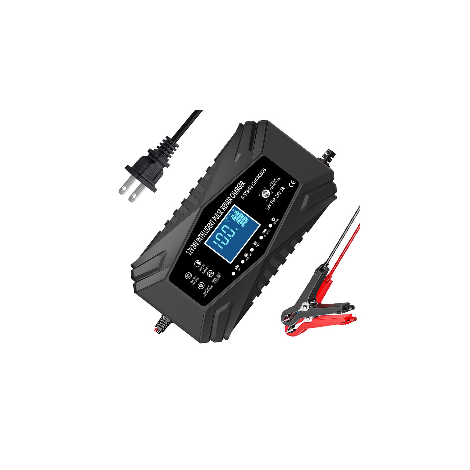 All-in-one automatic sensing 12V battery charger - intelligent pulse maintenance with LCD voltage/temperature display, suitable for motorcycle/car