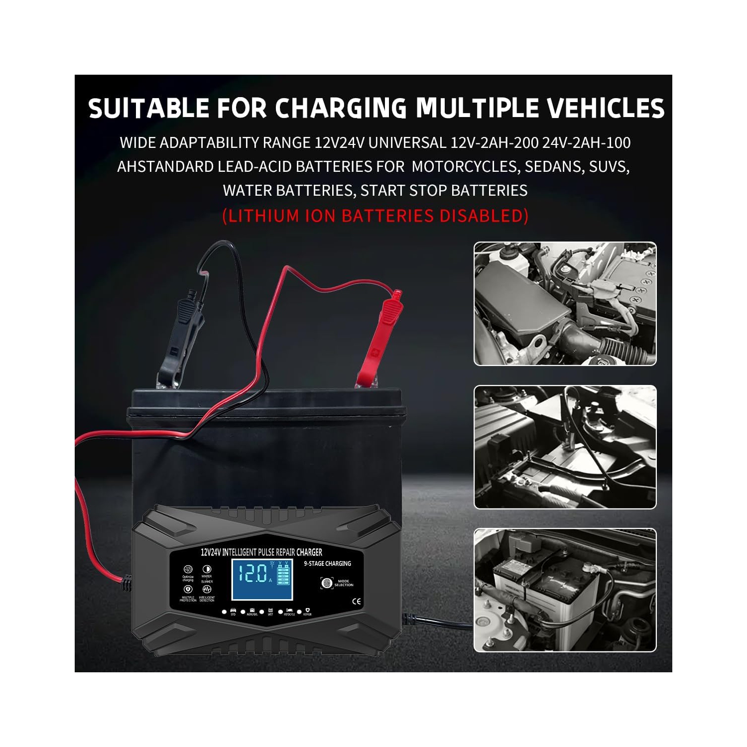 All-in-one automatic sensing 12V battery charger - intelligent pulse maintenance with LCD voltage/temperature display, suitable for motorcycle/car
