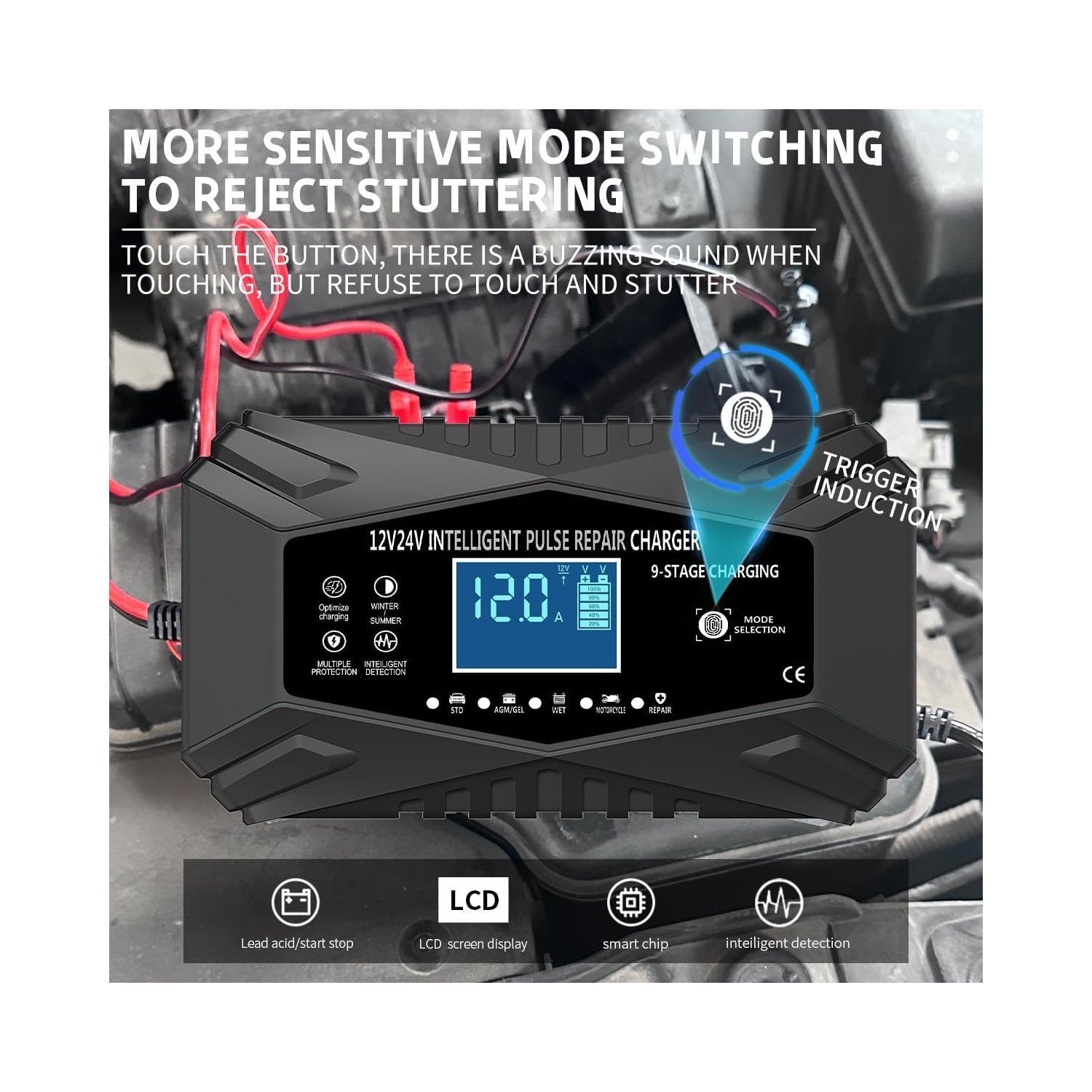 All-in-one automatic sensing 12V battery charger - intelligent pulse maintenance with LCD voltage/temperature display, suitable for motorcycle/car