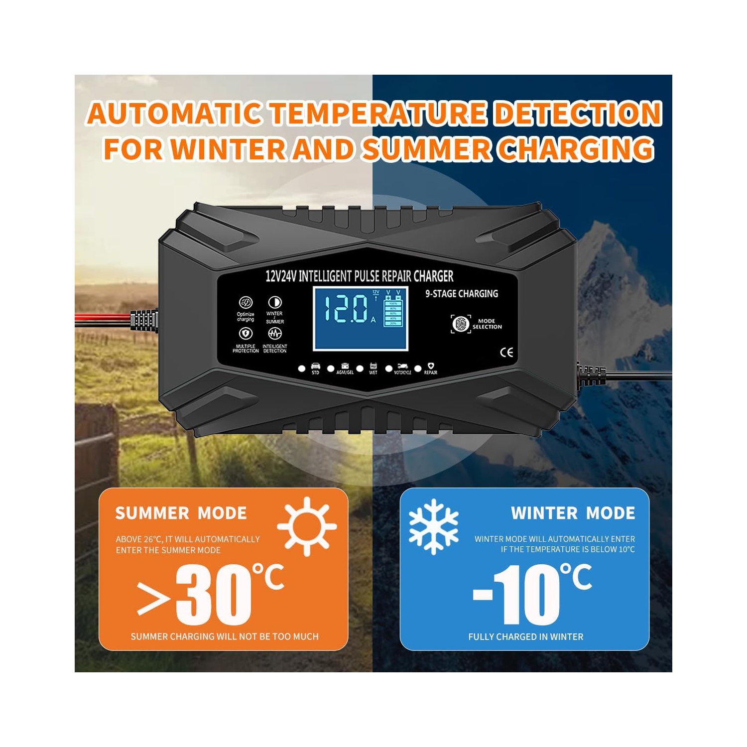 All-in-one automatic sensing 12V battery charger - intelligent pulse maintenance with LCD voltage/temperature display, suitable for motorcycle/car