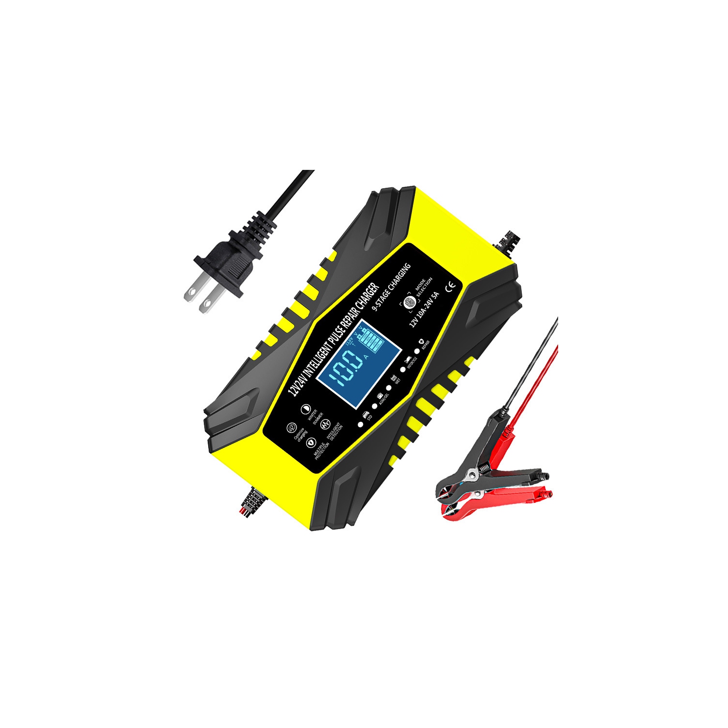 All-in-one automatic sensing 12V battery charger - intelligent pulse maintenance with LCD voltage/temperature display, suitable for motorcycle/car