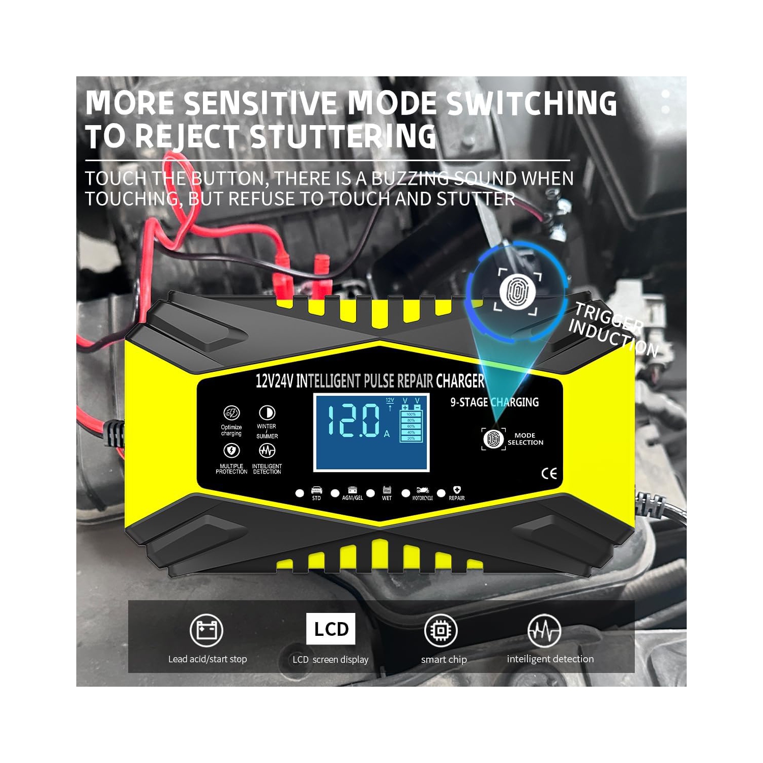 All-in-one automatic sensing 12V battery charger - intelligent pulse maintenance with LCD voltage/temperature display, suitable for motorcycle/car