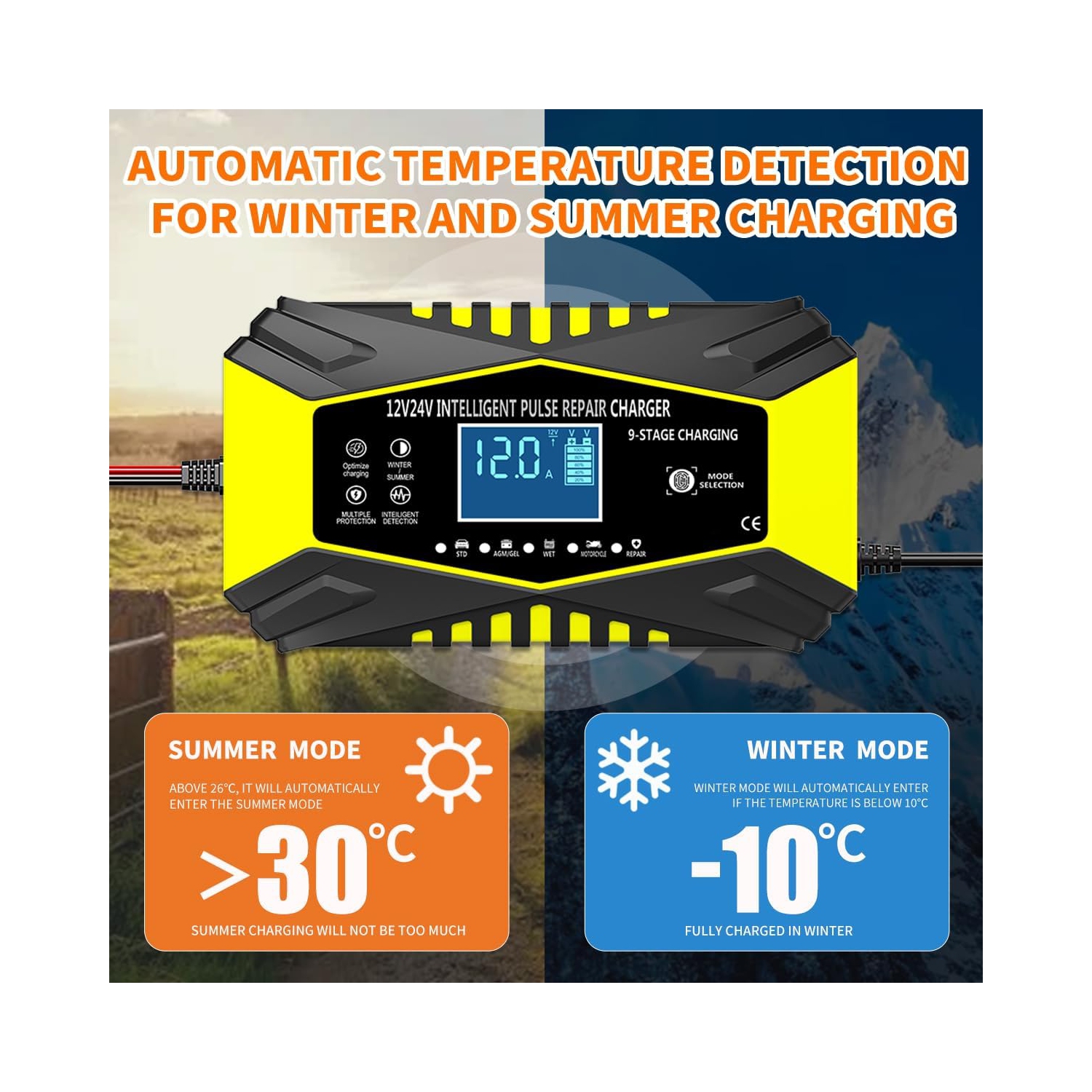 All-in-one automatic sensing 12V battery charger - intelligent pulse maintenance with LCD voltage/temperature display, suitable for motorcycle/car