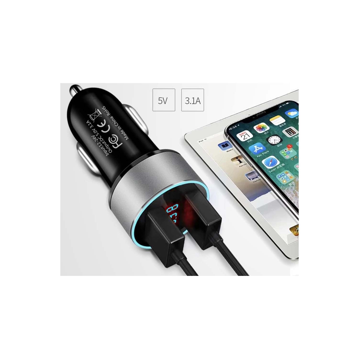 Adaptateur de chargeur pour l'auto – Sortie 5&nbsp;V/3,1&nbsp;A, surveillance numérique de la tension, lampe LED pour la conduite de nuit