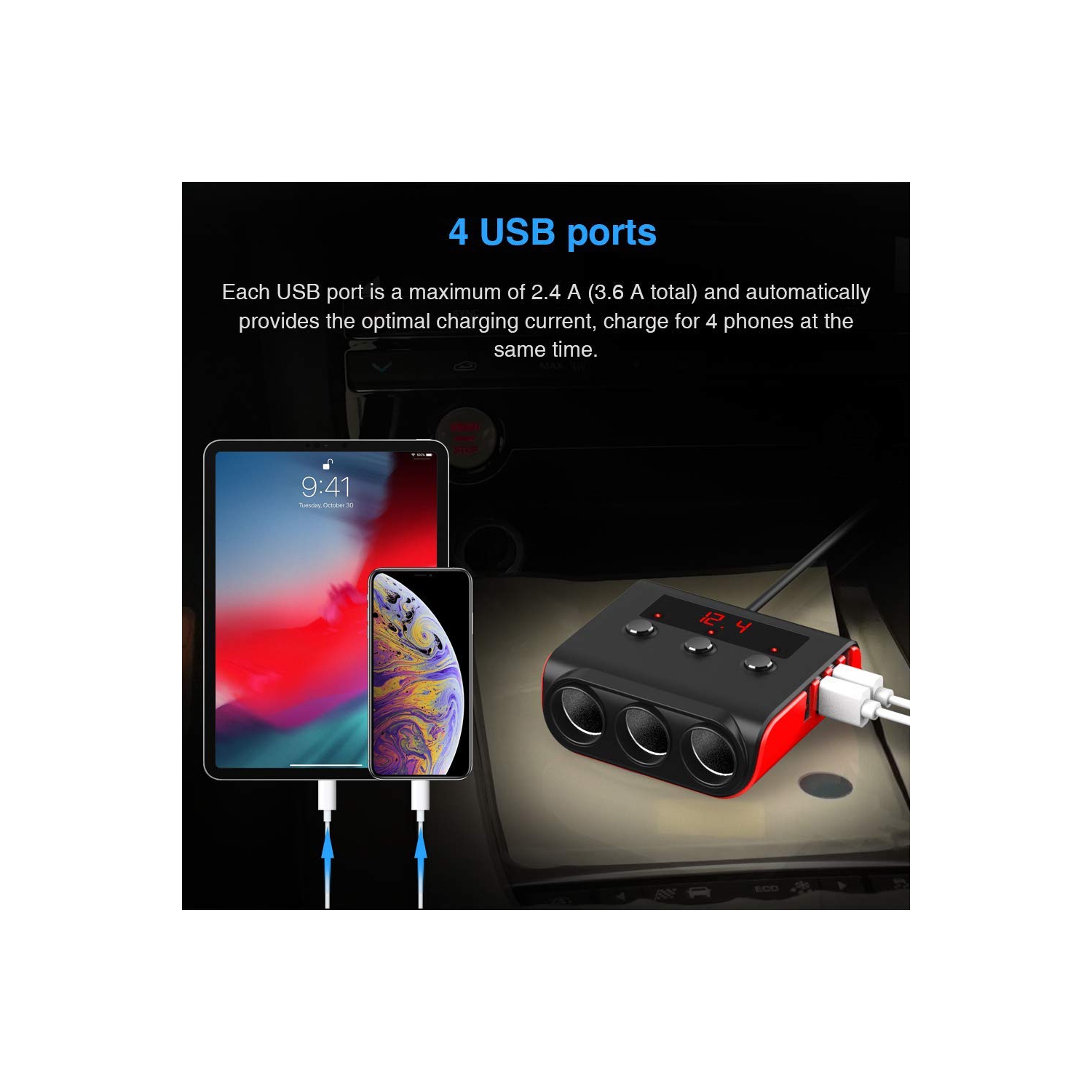 Smart 4-port USB and 3-outlet 120W car charger with LED display, overload protection and independent switch