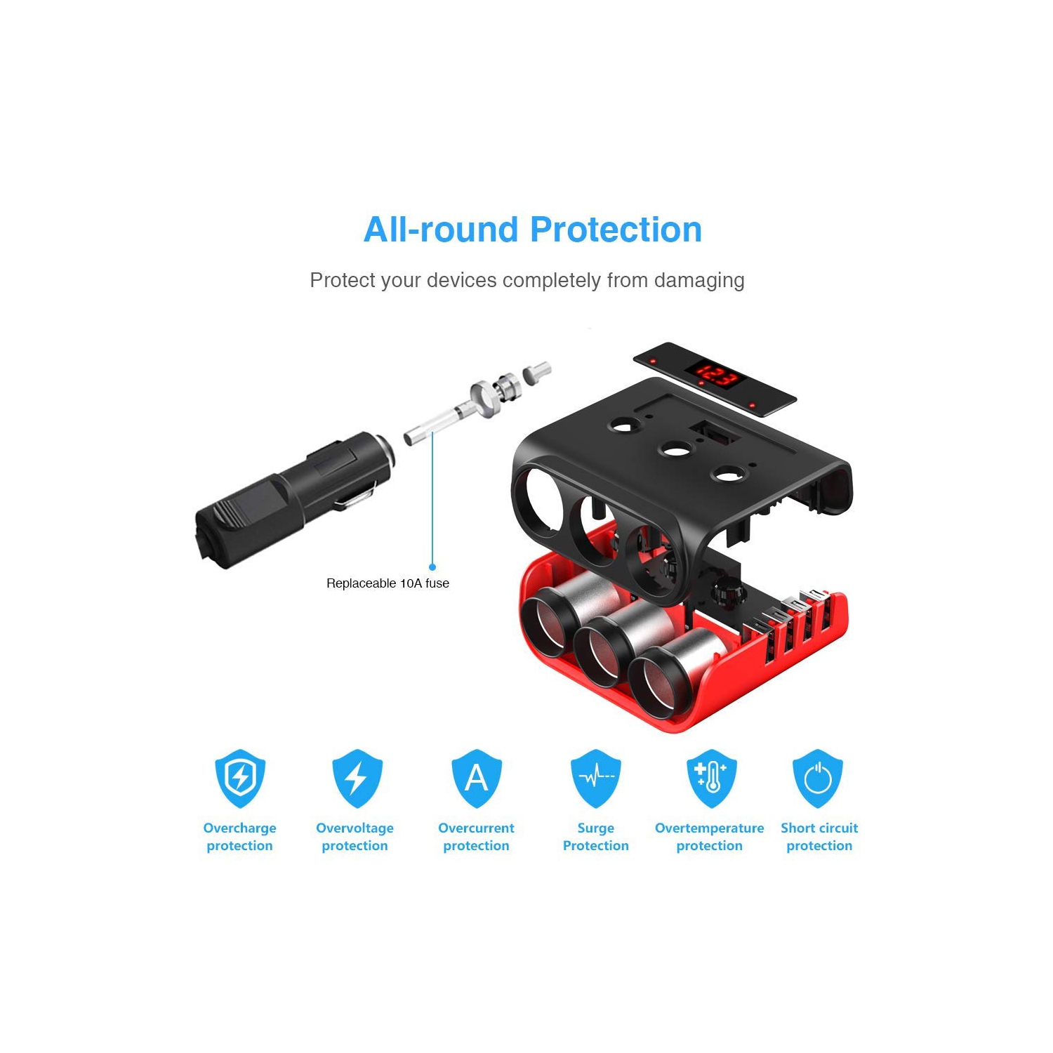 Smart 4-port USB and 3-outlet 120W car charger with LED display, overload protection and independent switch