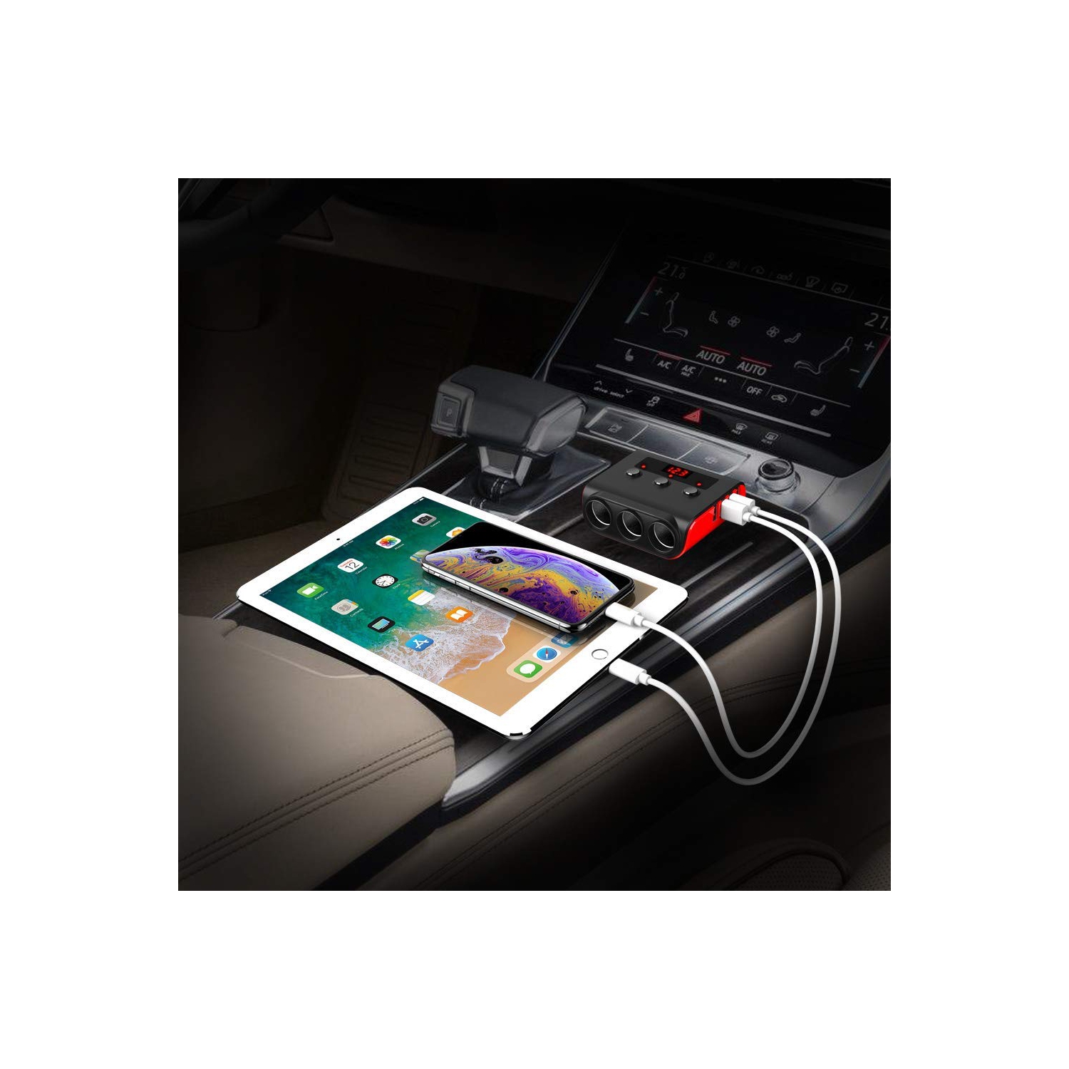 Smart 4-port USB and 3-outlet 120W car charger with LED display, overload protection and independent switch