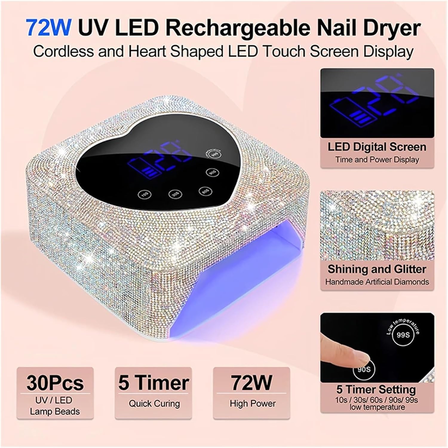 LED Nail Art Lamp 72W Wireless UV Nails with Rhinestone Heart Shape Nail Manicure Polish