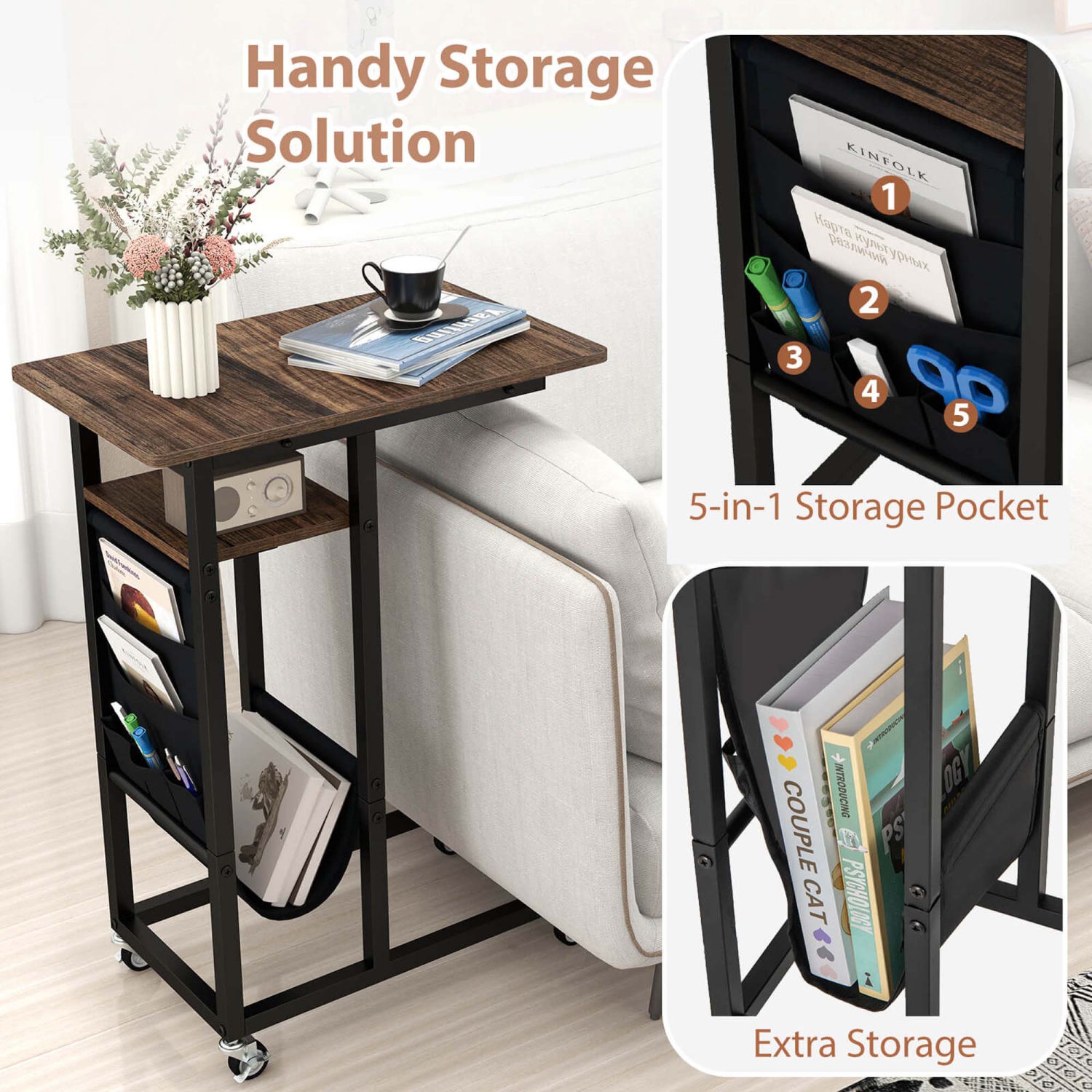 Costway 1/2 PCS C-shaped End Table with Charging Station Rolling Bedside Table Couch Side Table